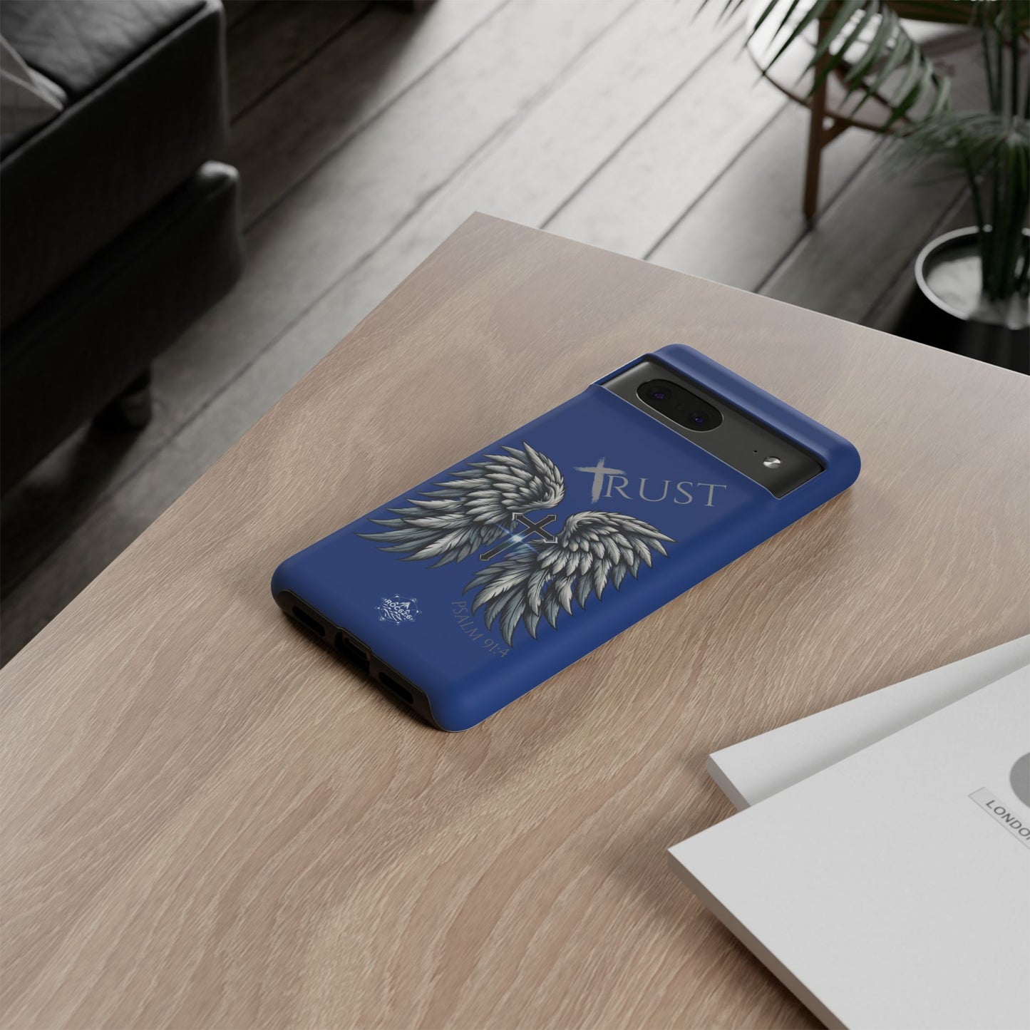 Wings Series Blue Phone Case - Trust, Psalm 91:4 Design, Inspirational Gift, Christian Accessories, Spiritual Protection, Encouragement