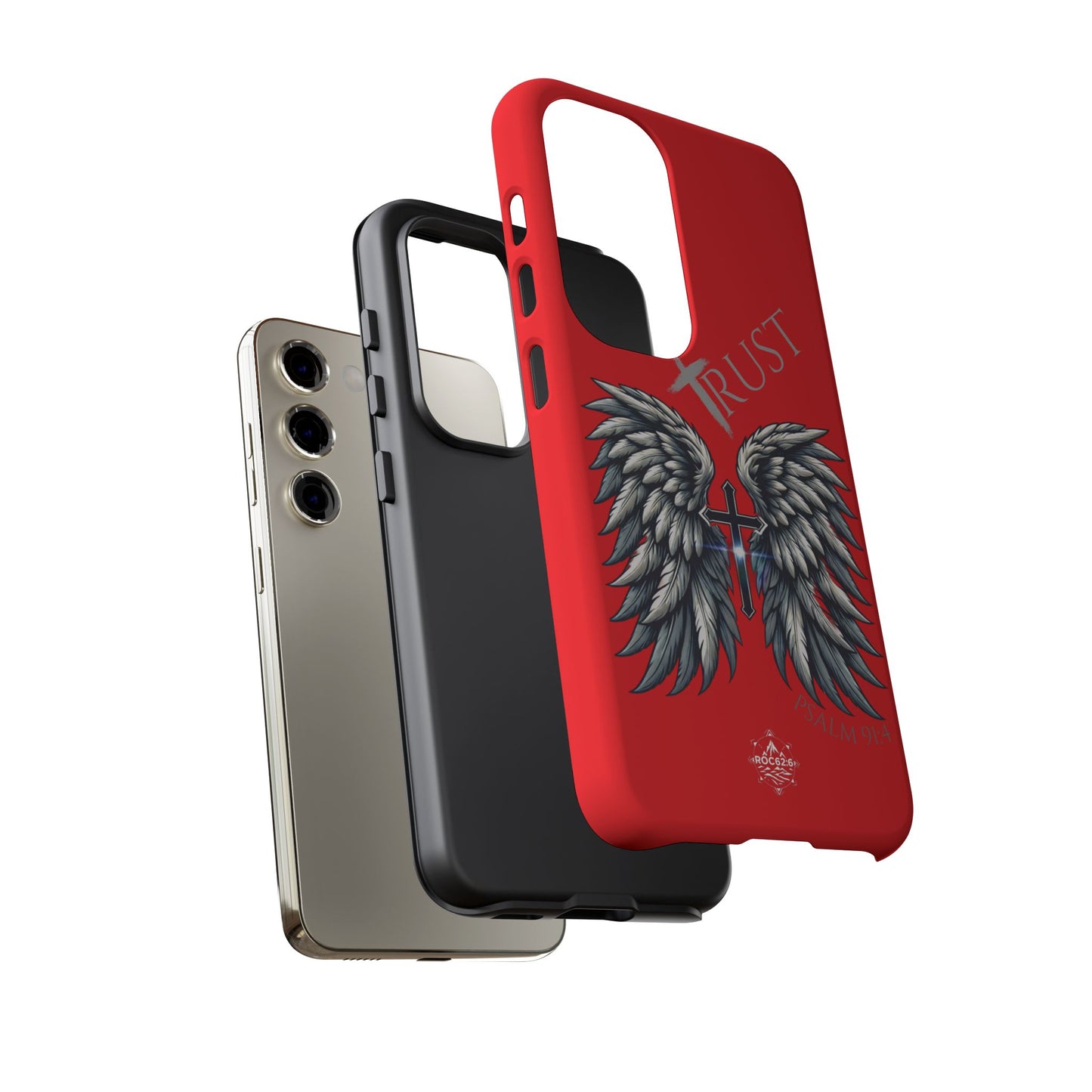 Wings Series Red Phone Case - Trust, Psalm 91:4 Design, Inspirational Gift, Christian Accessories, Spiritual Protection, Encouragement