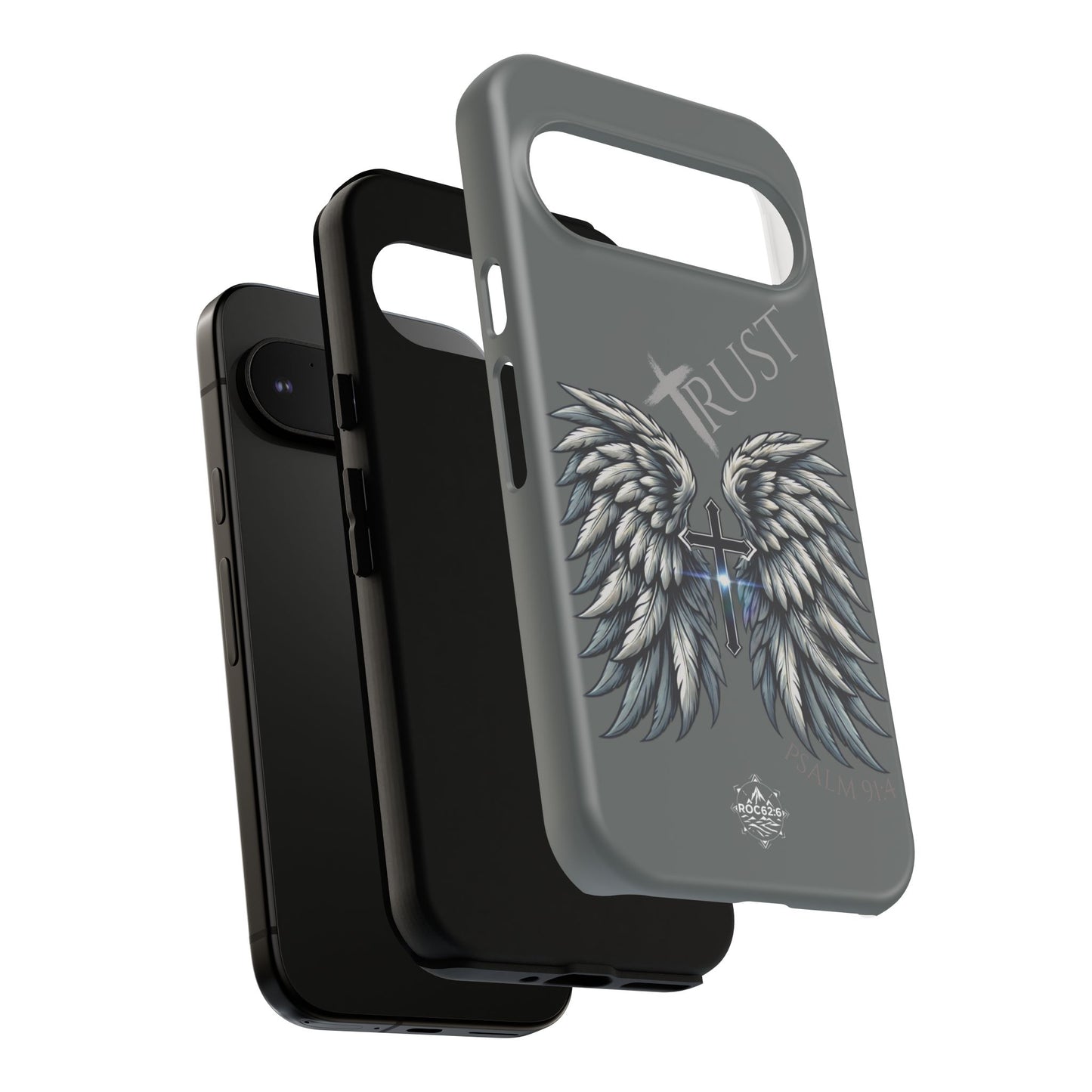 Wings Series Dark Grey Phone Case - Trust, Psalm 91:4 Design, Inspirational Gift, Christian Accessories, Spiritual Protection, Encouragement