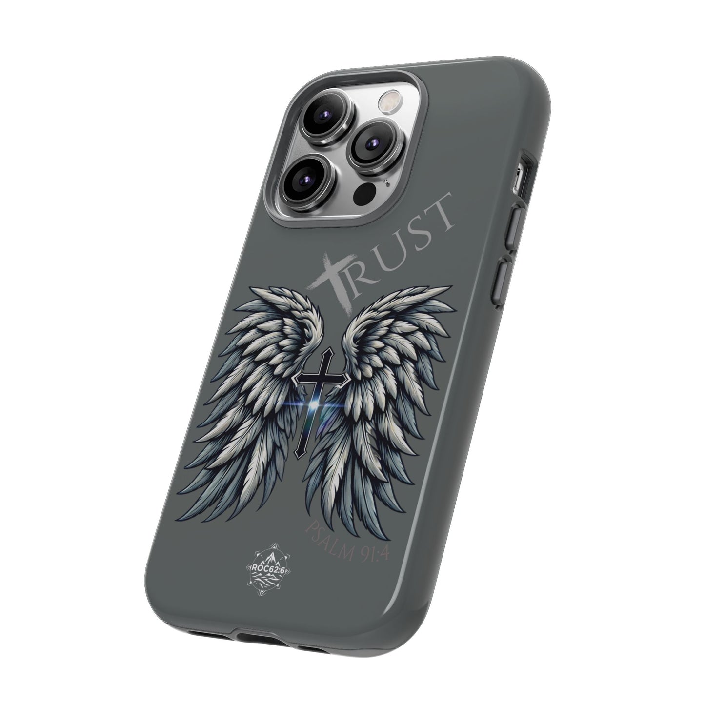 Wings Series Dark Grey Phone Case - Trust, Psalm 91:4 Design, Inspirational Gift, Christian Accessories, Spiritual Protection, Encouragement