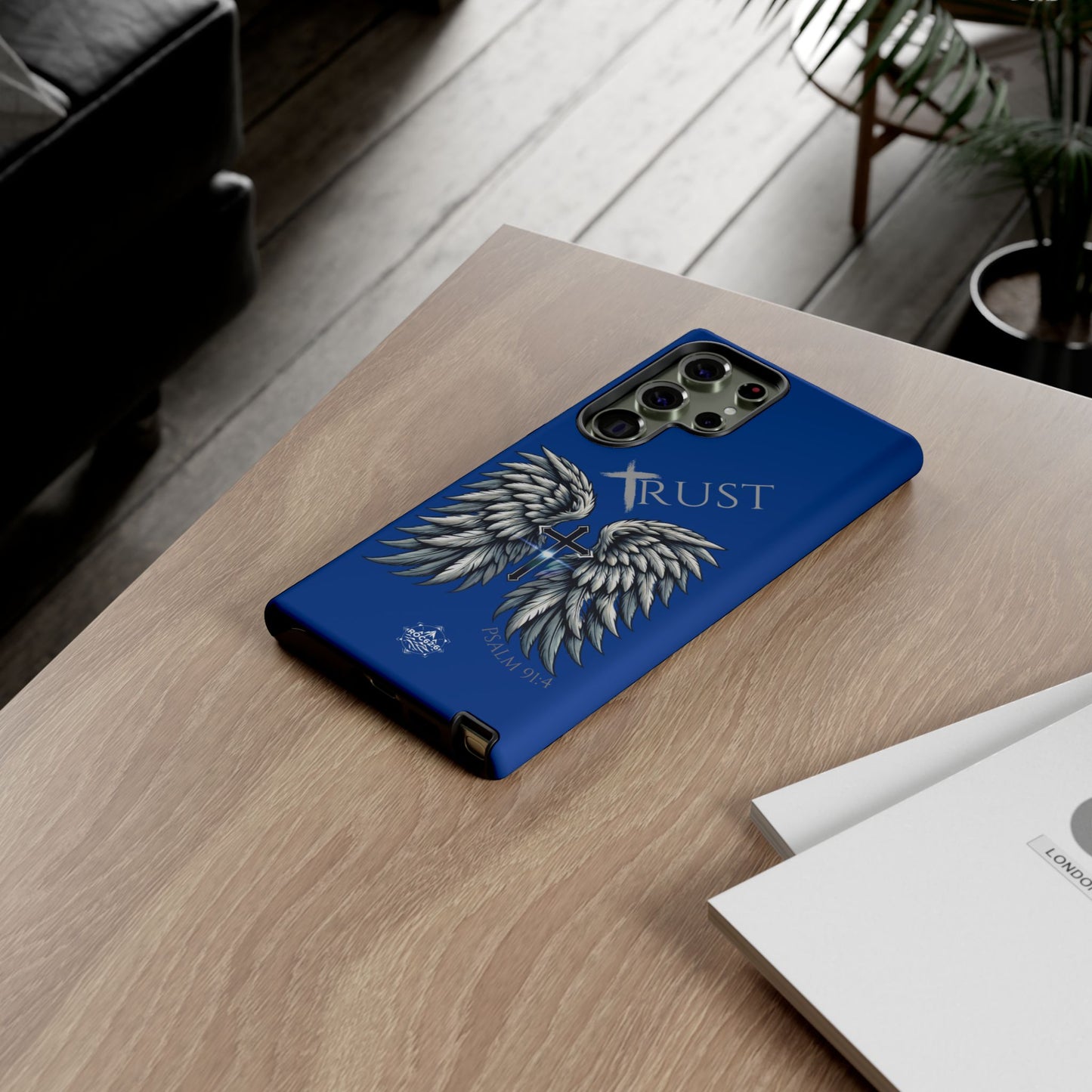 Wings Series Blue Phone Case - Trust, Psalm 91:4 Design, Inspirational Gift, Christian Accessories, Spiritual Protection, Encouragement