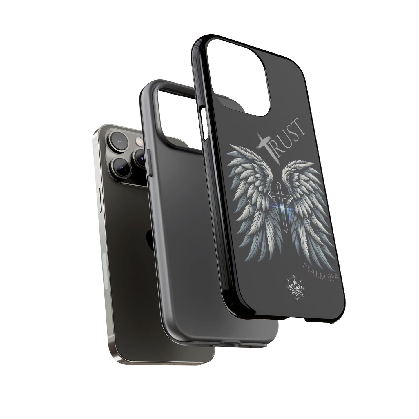 Wings Series Black Phone Case - Trust, Psalm 91:4 Design, Inspirational Gift, Christian Accessories, Spiritual Protection, Encouragement