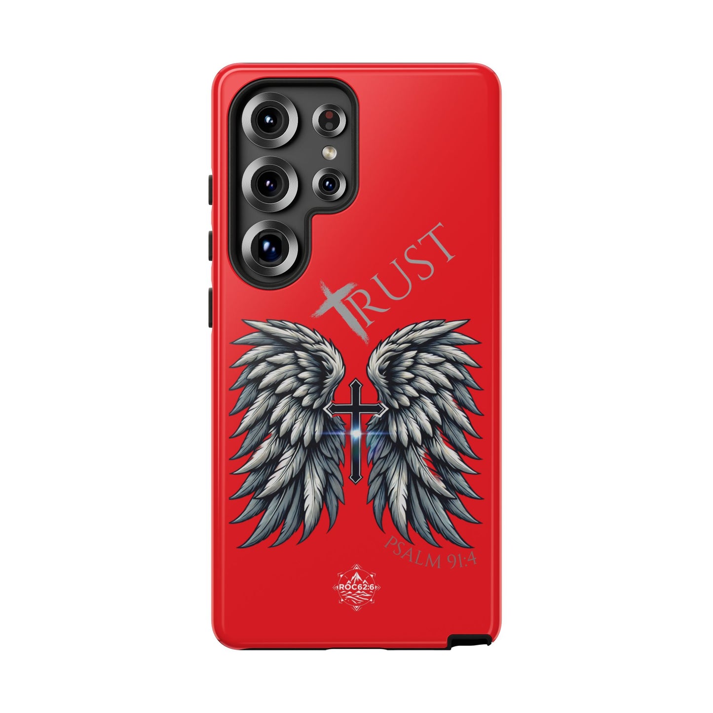Wings Series Red Phone Case - Trust, Psalm 91:4 Design, Inspirational Gift, Christian Accessories, Spiritual Protection, Encouragement