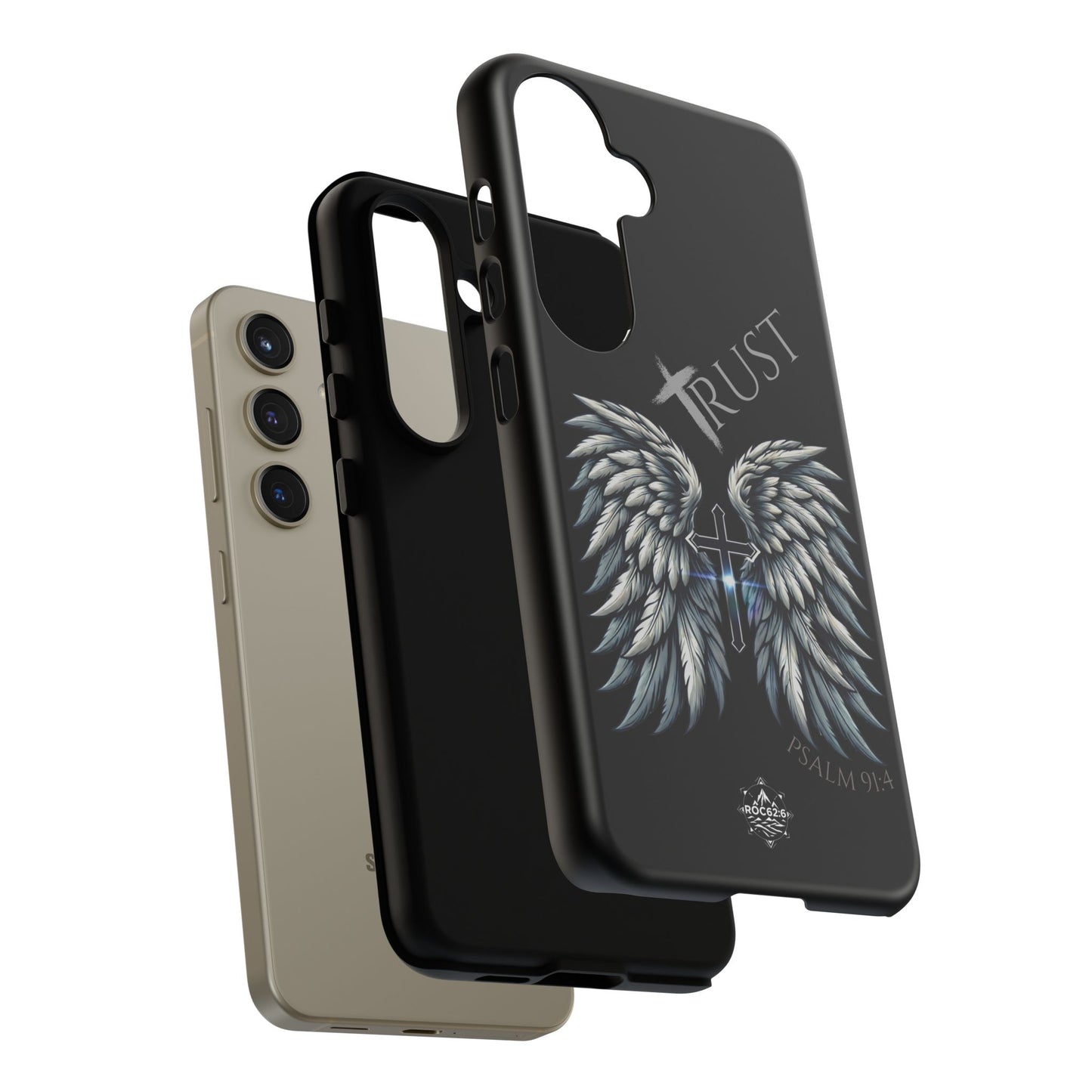 Wings Series Black Phone Case - Trust, Psalm 91:4 Design, Inspirational Gift, Christian Accessories, Spiritual Protection, Encouragement