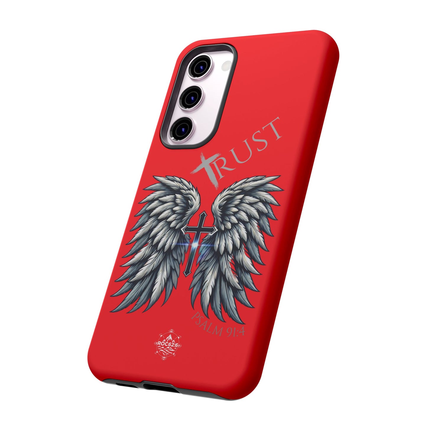 Wings Series Red Phone Case - Trust, Psalm 91:4 Design, Inspirational Gift, Christian Accessories, Spiritual Protection, Encouragement