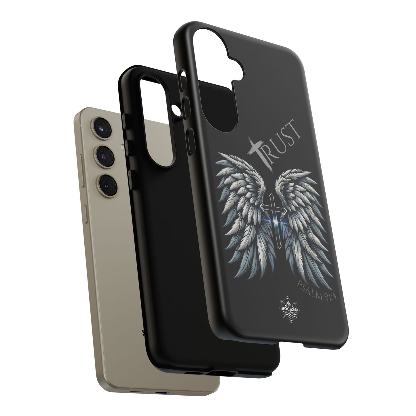 Wings Series Black Phone Case - Trust, Psalm 91:4 Design, Inspirational Gift, Christian Accessories, Spiritual Protection, Encouragement