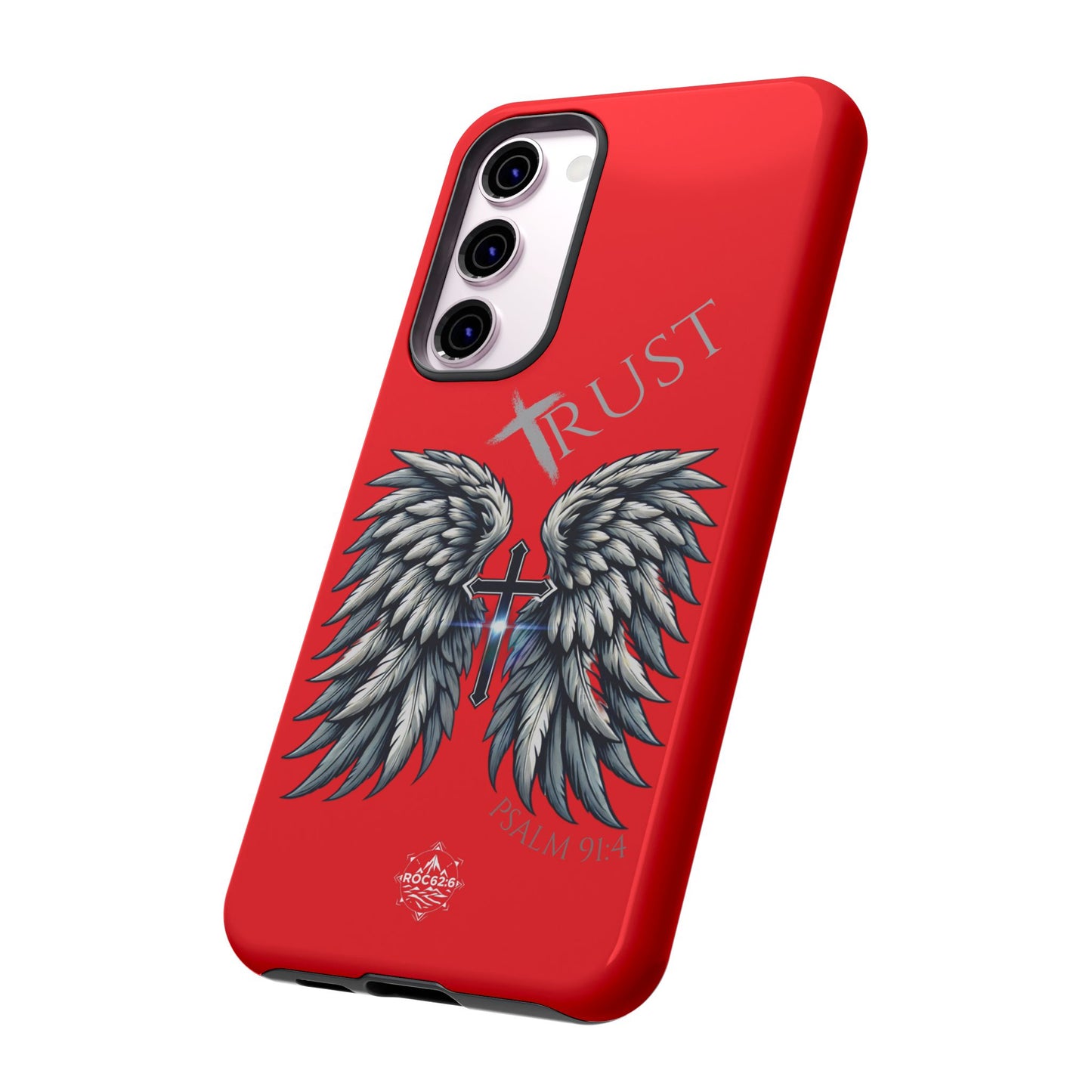 Wings Series Red Phone Case - Trust, Psalm 91:4 Design, Inspirational Gift, Christian Accessories, Spiritual Protection, Encouragement