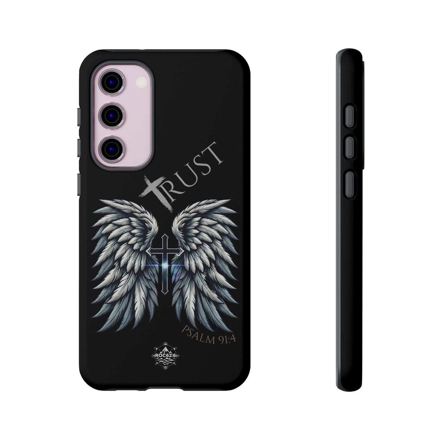 Wings Series Black Phone Case - Trust, Psalm 91:4 Design, Inspirational Gift, Christian Accessories, Spiritual Protection, Encouragement