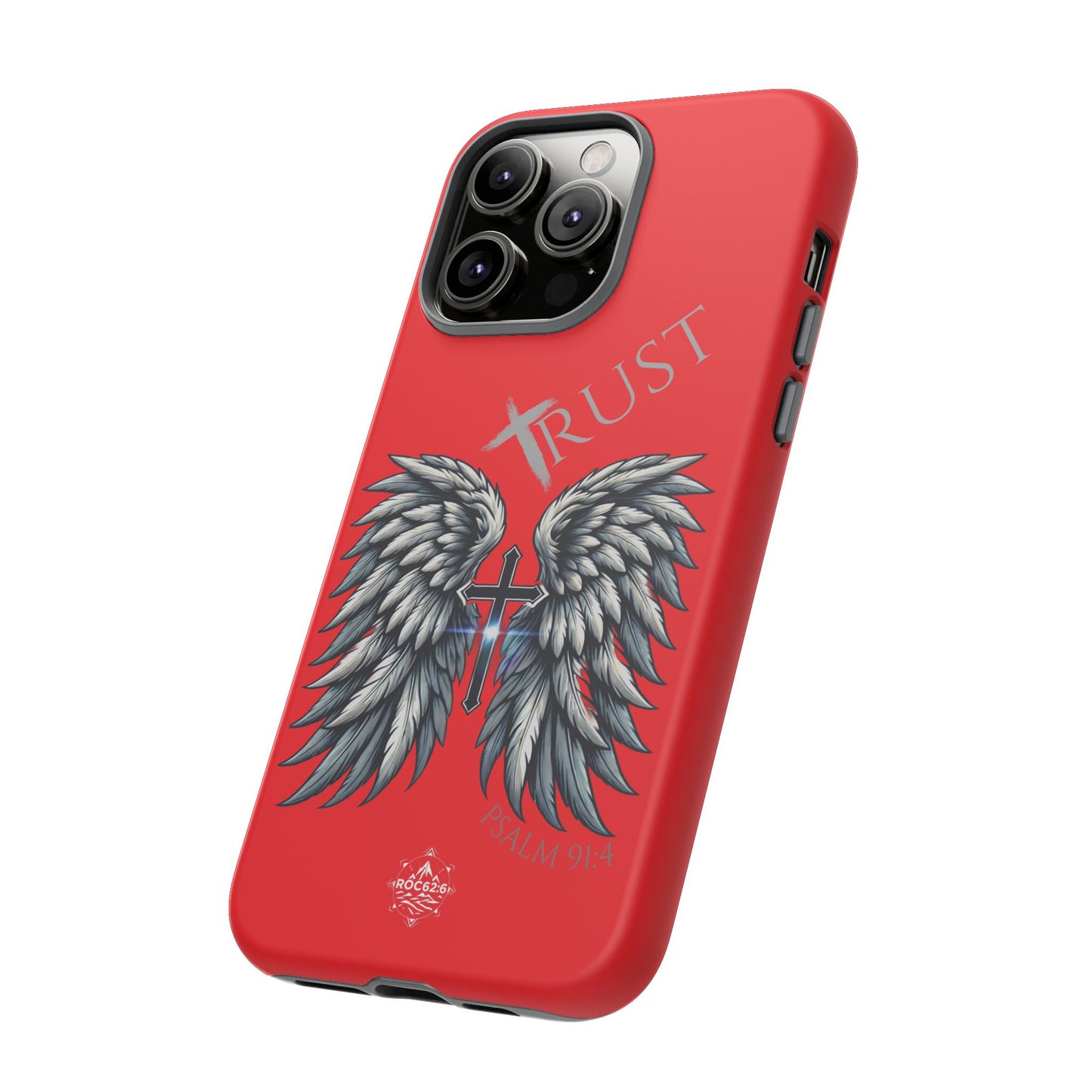 Wings Series Red Phone Case - Trust, Psalm 91:4 Design, Inspirational Gift, Christian Accessories, Spiritual Protection, Encouragement