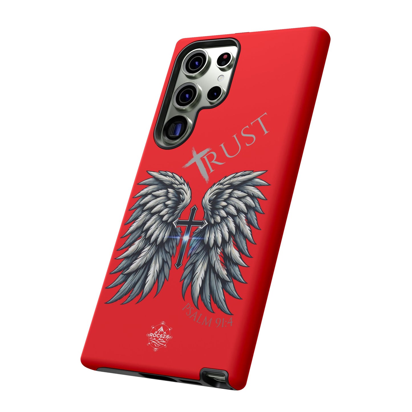 Wings Series Red Phone Case - Trust, Psalm 91:4 Design, Inspirational Gift, Christian Accessories, Spiritual Protection, Encouragement