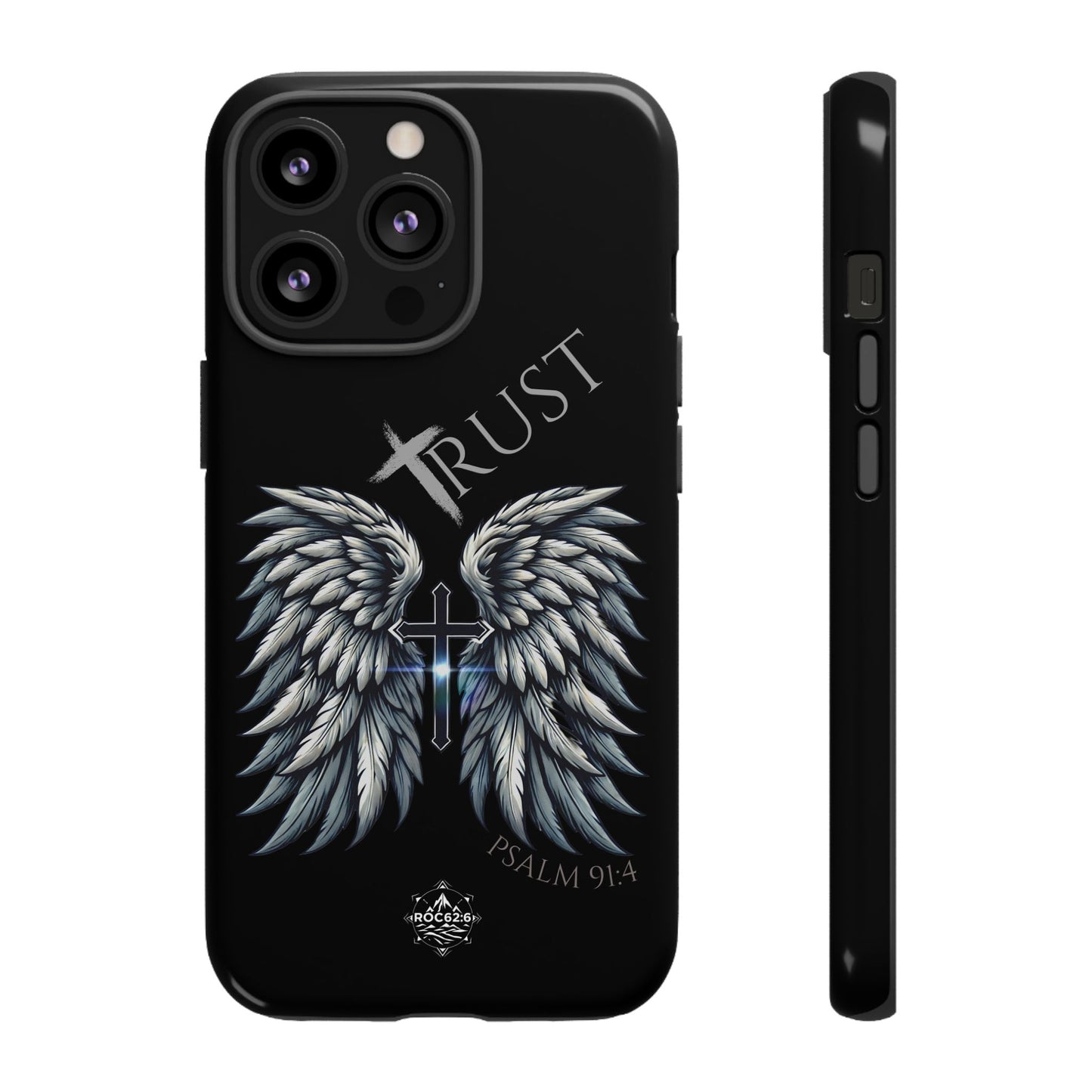 Wings Series Black Phone Case - Trust, Psalm 91:4 Design, Inspirational Gift, Christian Accessories, Spiritual Protection, Encouragement