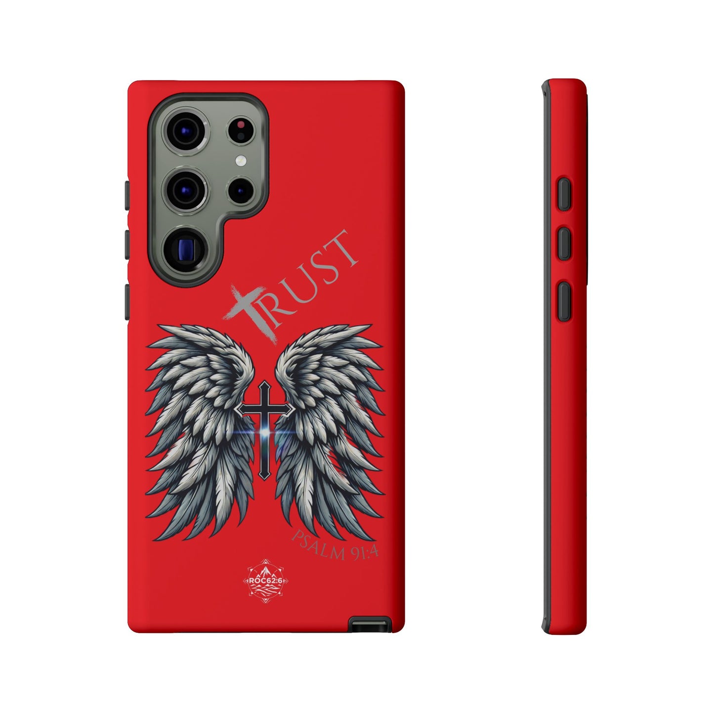 Wings Series Red Phone Case - Trust, Psalm 91:4 Design, Inspirational Gift, Christian Accessories, Spiritual Protection, Encouragement