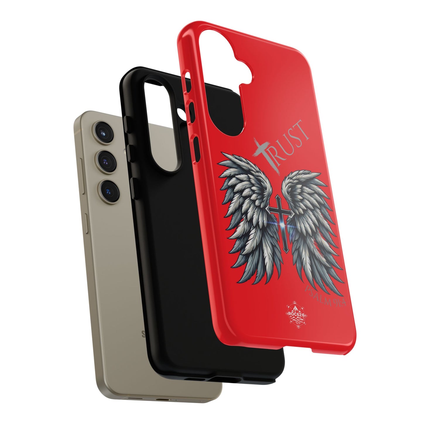 Wings Series Red Phone Case - Trust, Psalm 91:4 Design, Inspirational Gift, Christian Accessories, Spiritual Protection, Encouragement