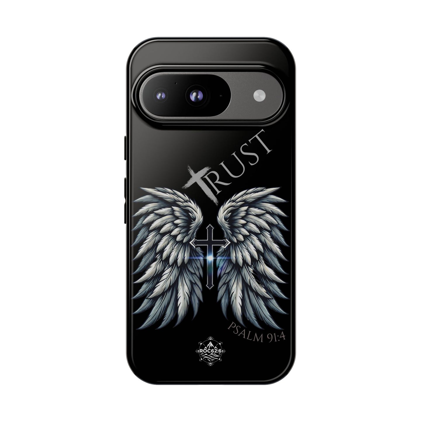 Wings Series Black Phone Case - Trust, Psalm 91:4 Design, Inspirational Gift, Christian Accessories, Spiritual Protection, Encouragement