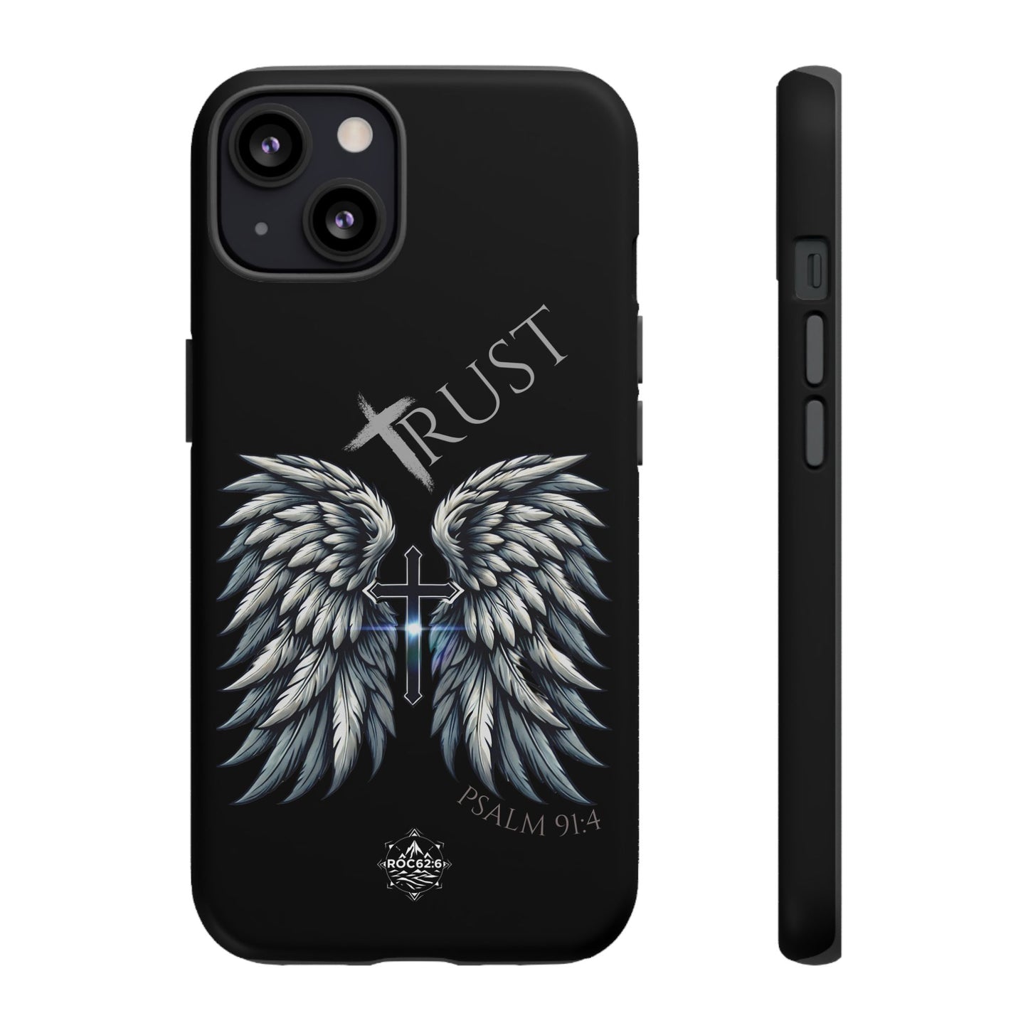 Wings Series Black Phone Case - Trust, Psalm 91:4 Design, Inspirational Gift, Christian Accessories, Spiritual Protection, Encouragement