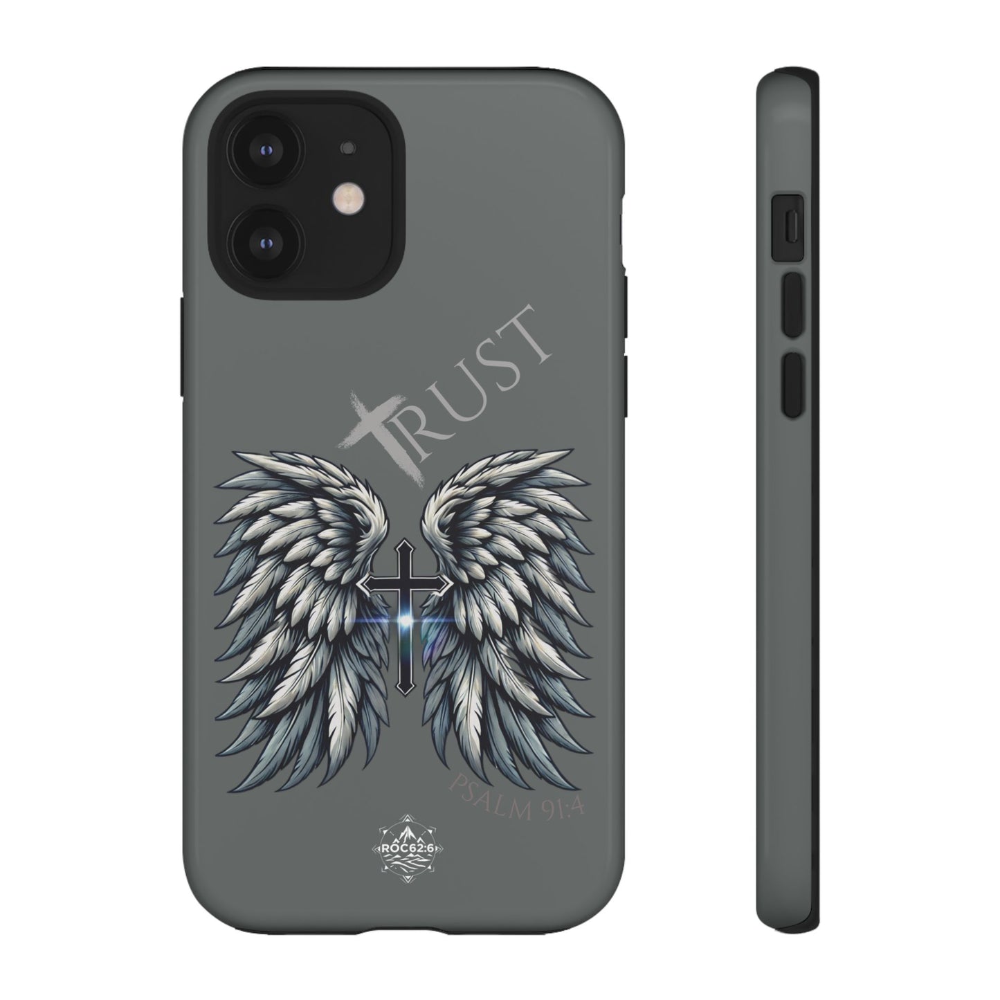 Wings Series Dark Grey Phone Case - Trust, Psalm 91:4 Design, Inspirational Gift, Christian Accessories, Spiritual Protection, Encouragement