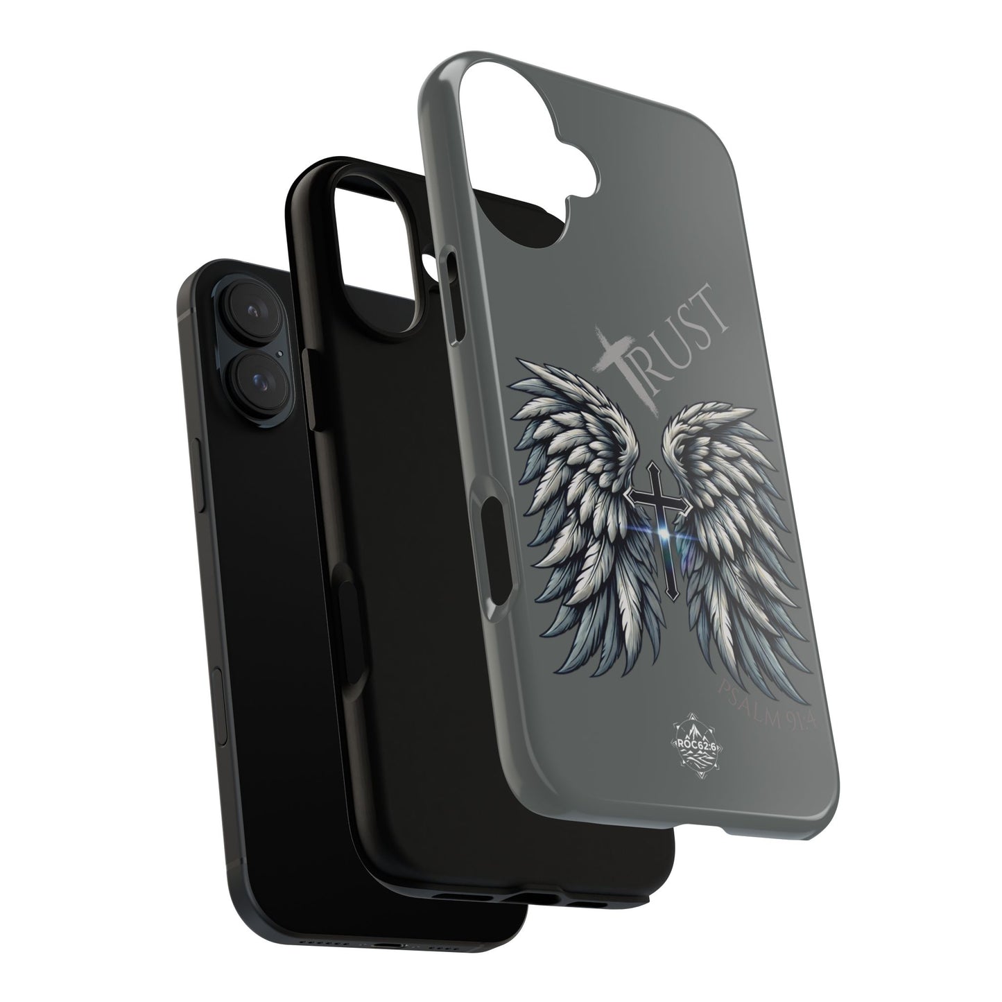 Wings Series Dark Grey Phone Case - Trust, Psalm 91:4 Design, Inspirational Gift, Christian Accessories, Spiritual Protection, Encouragement