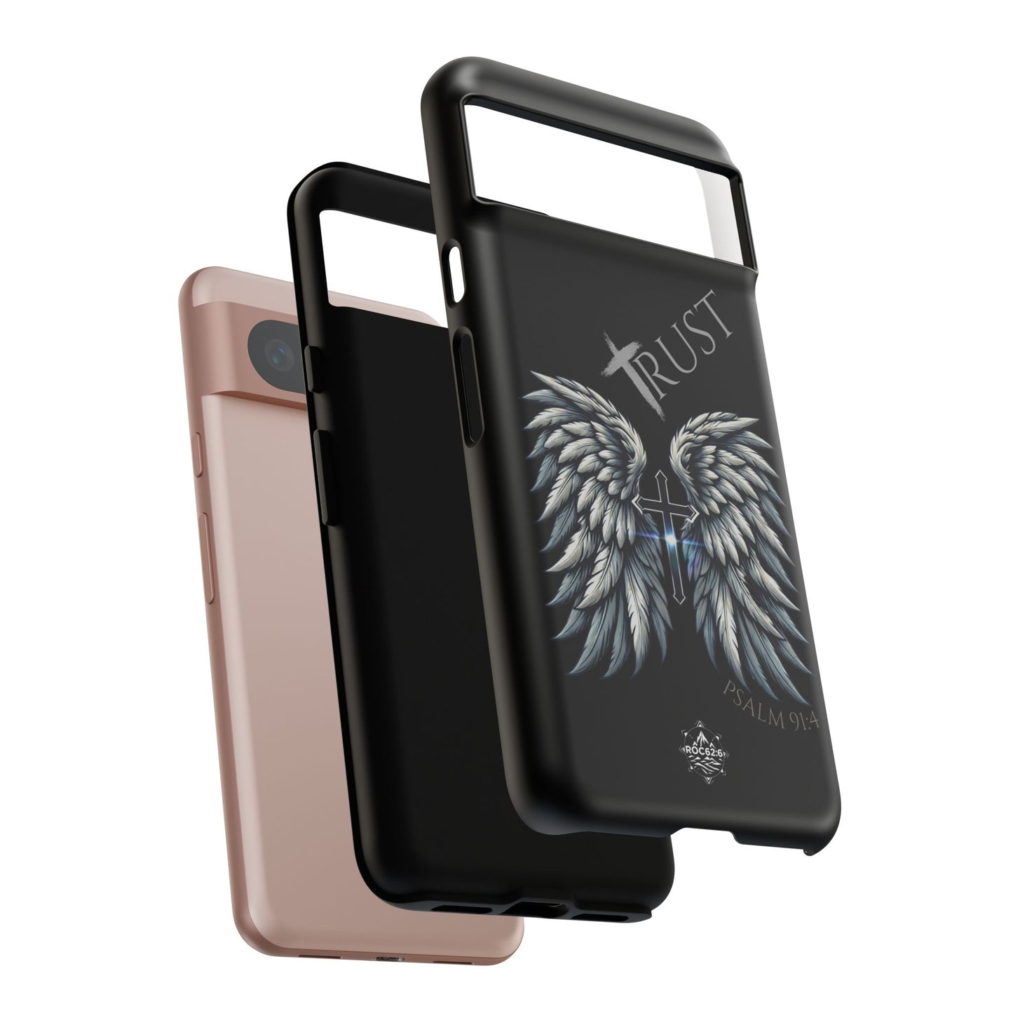 Wings Series Black Phone Case - Trust, Psalm 91:4 Design, Inspirational Gift, Christian Accessories, Spiritual Protection, Encouragement