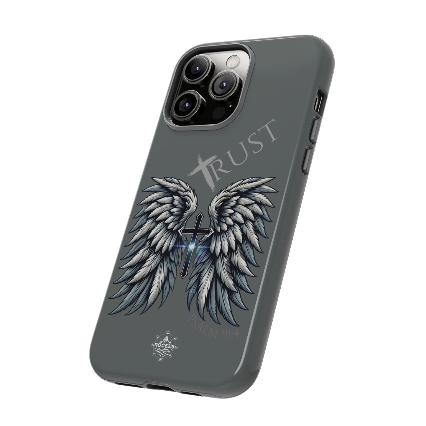 Wings Series Dark Grey Phone Case - Trust, Psalm 91:4 Design, Inspirational Gift, Christian Accessories, Spiritual Protection, Encouragement