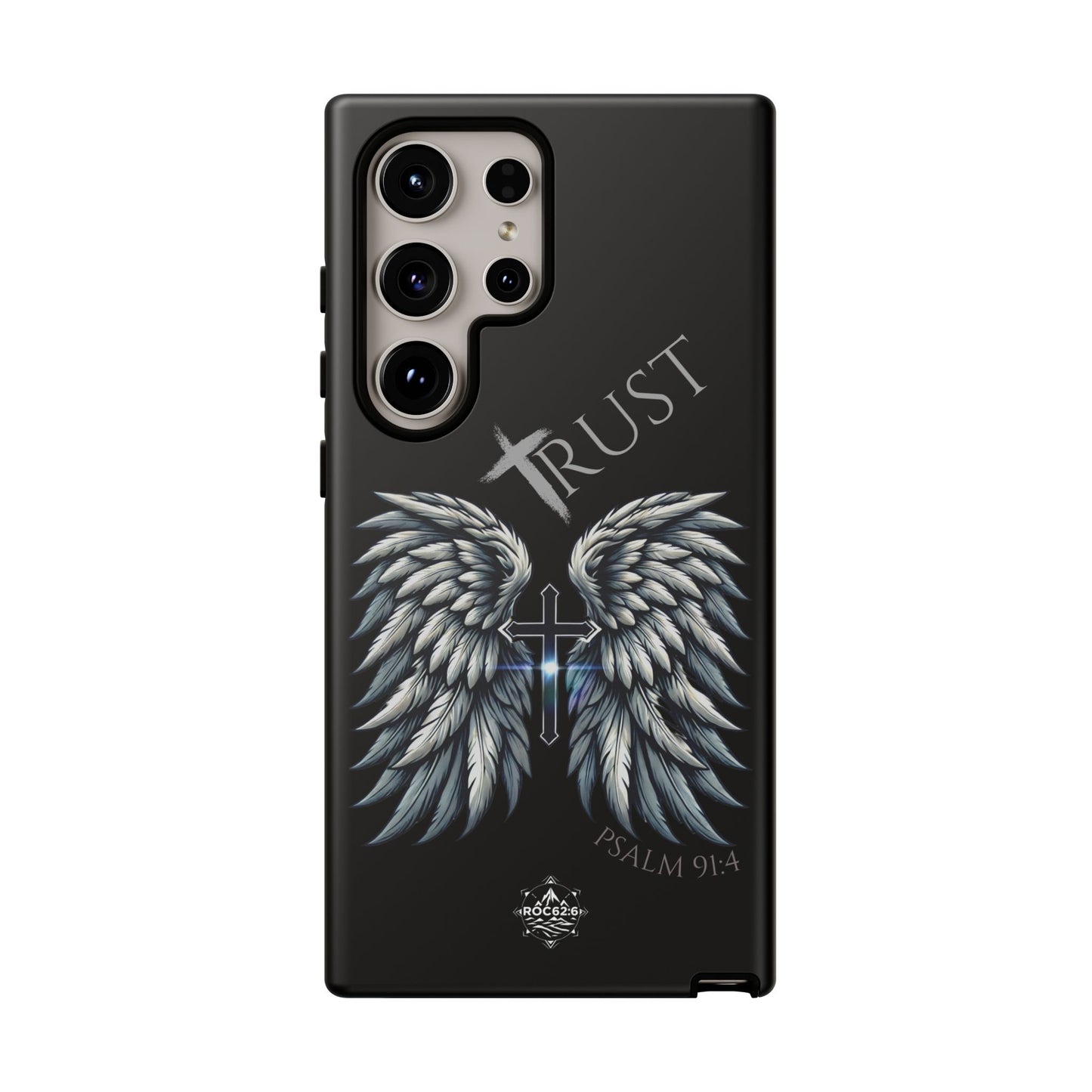 Wings Series Black Phone Case - Trust, Psalm 91:4 Design, Inspirational Gift, Christian Accessories, Spiritual Protection, Encouragement