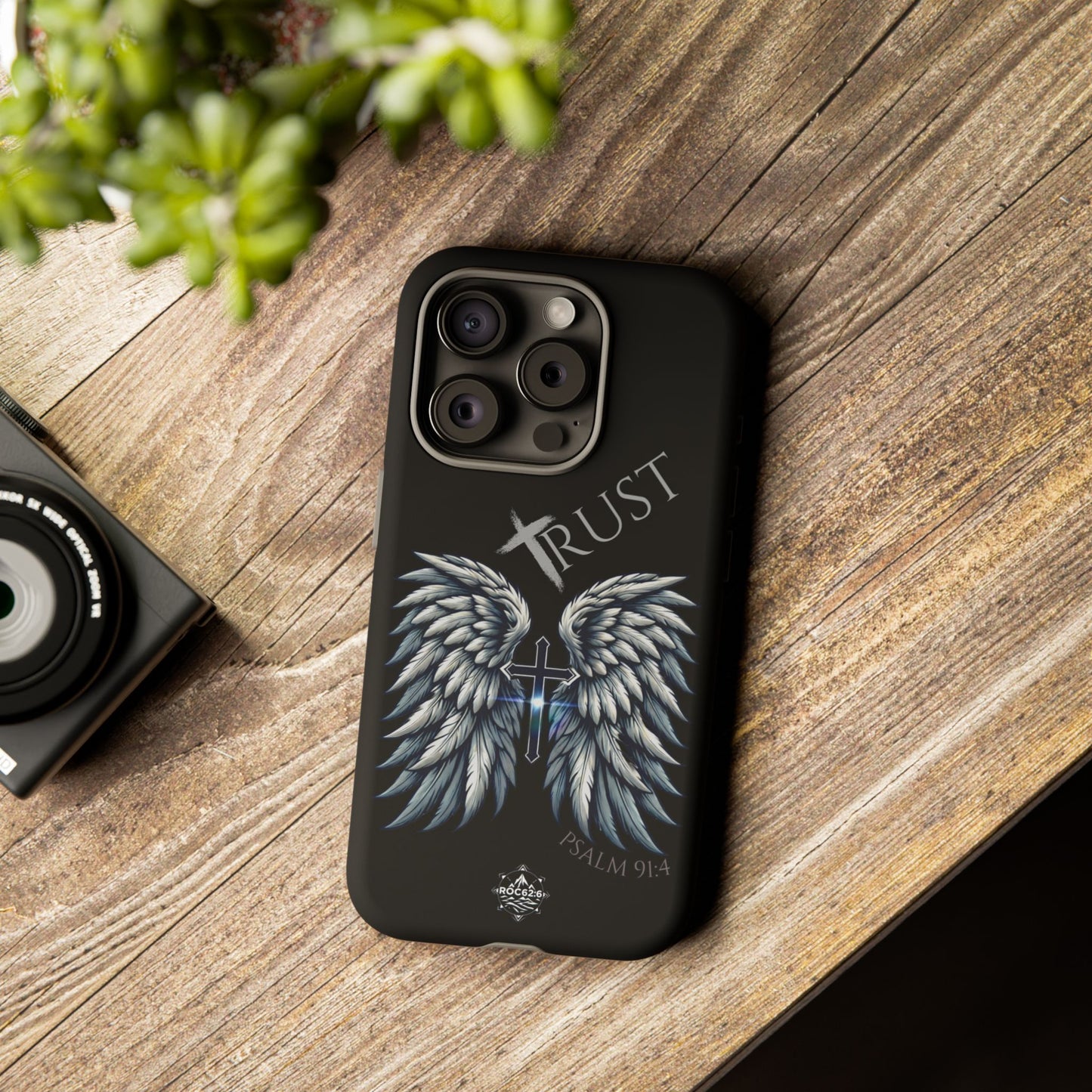 Wings Series Black Phone Case - Trust, Psalm 91:4 Design, Inspirational Gift, Christian Accessories, Spiritual Protection, Encouragement