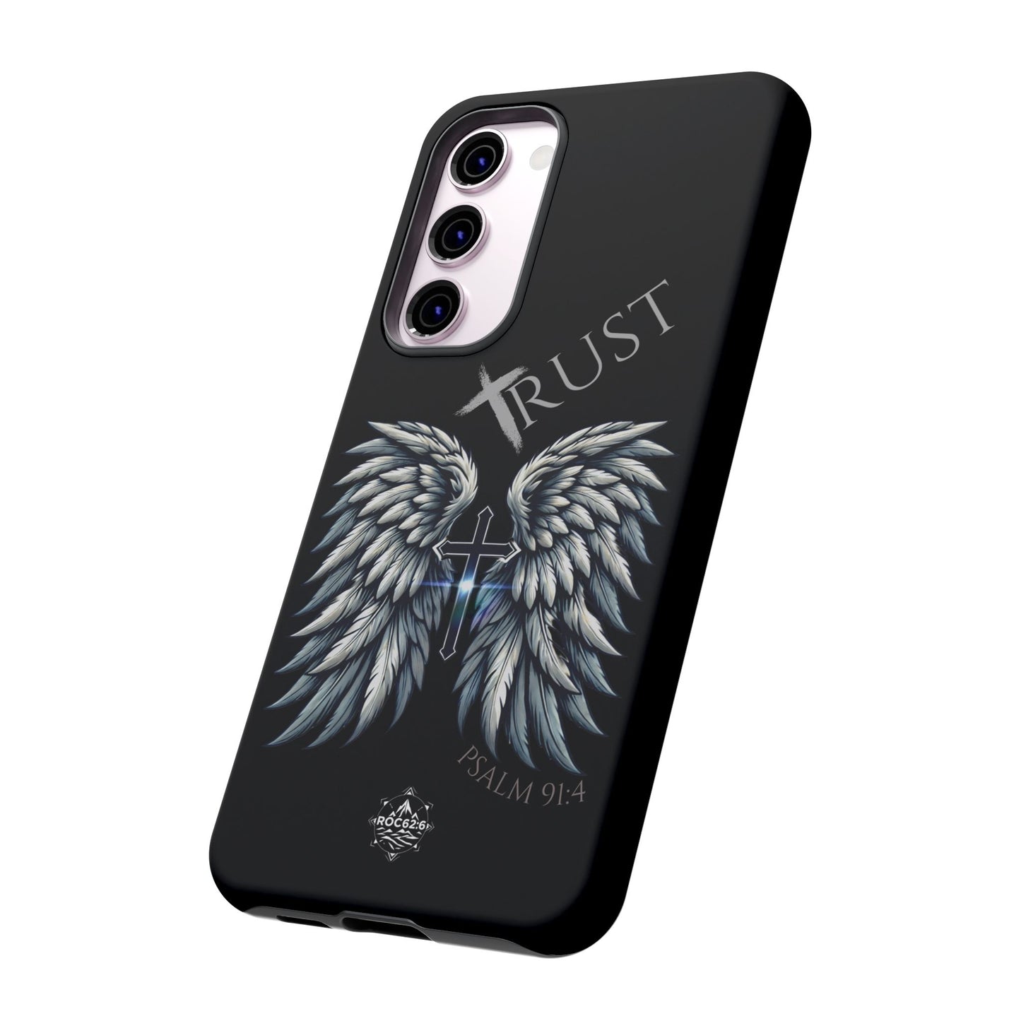 Wings Series Black Phone Case - Trust, Psalm 91:4 Design, Inspirational Gift, Christian Accessories, Spiritual Protection, Encouragement