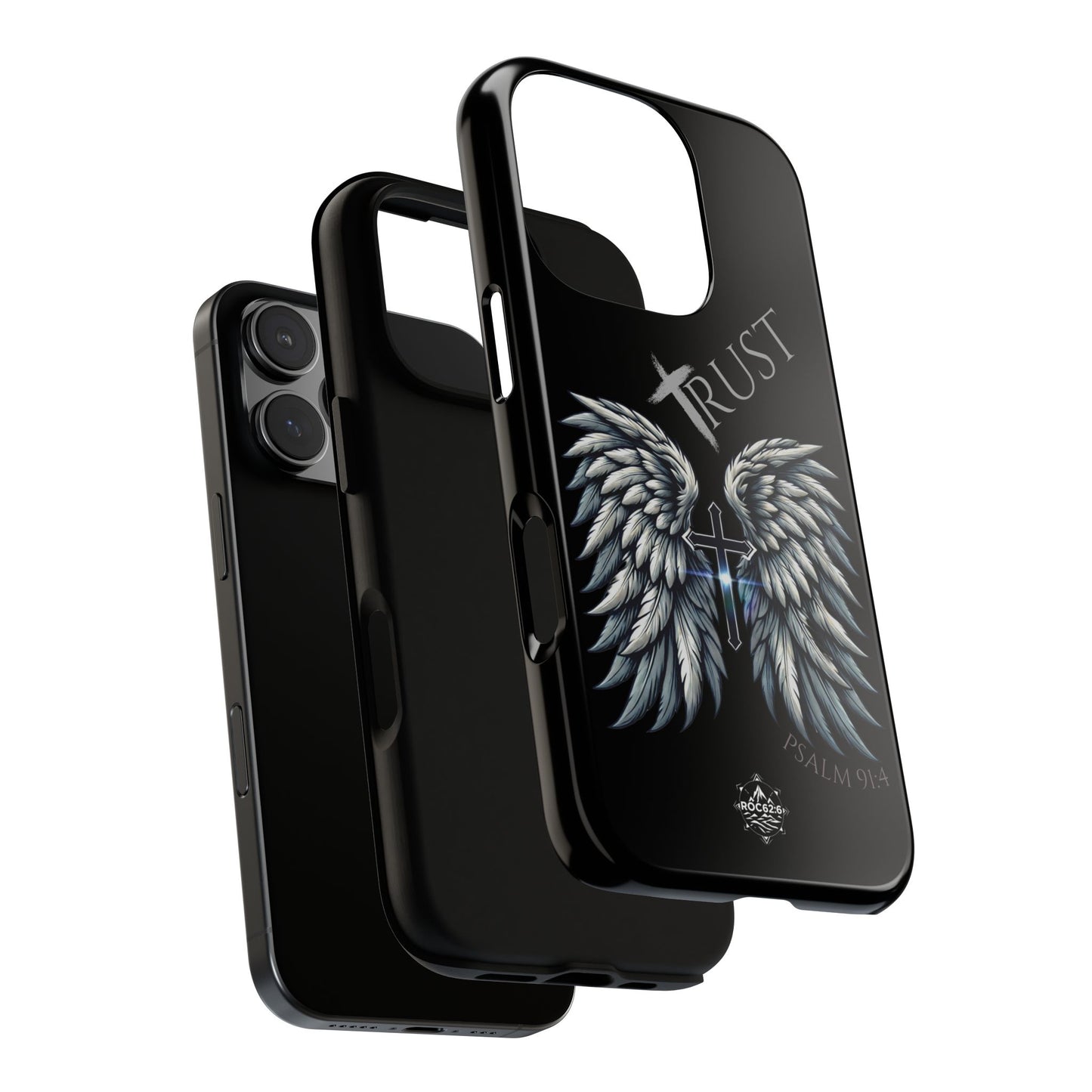 Wings Series Black Phone Case - Trust, Psalm 91:4 Design, Inspirational Gift, Christian Accessories, Spiritual Protection, Encouragement