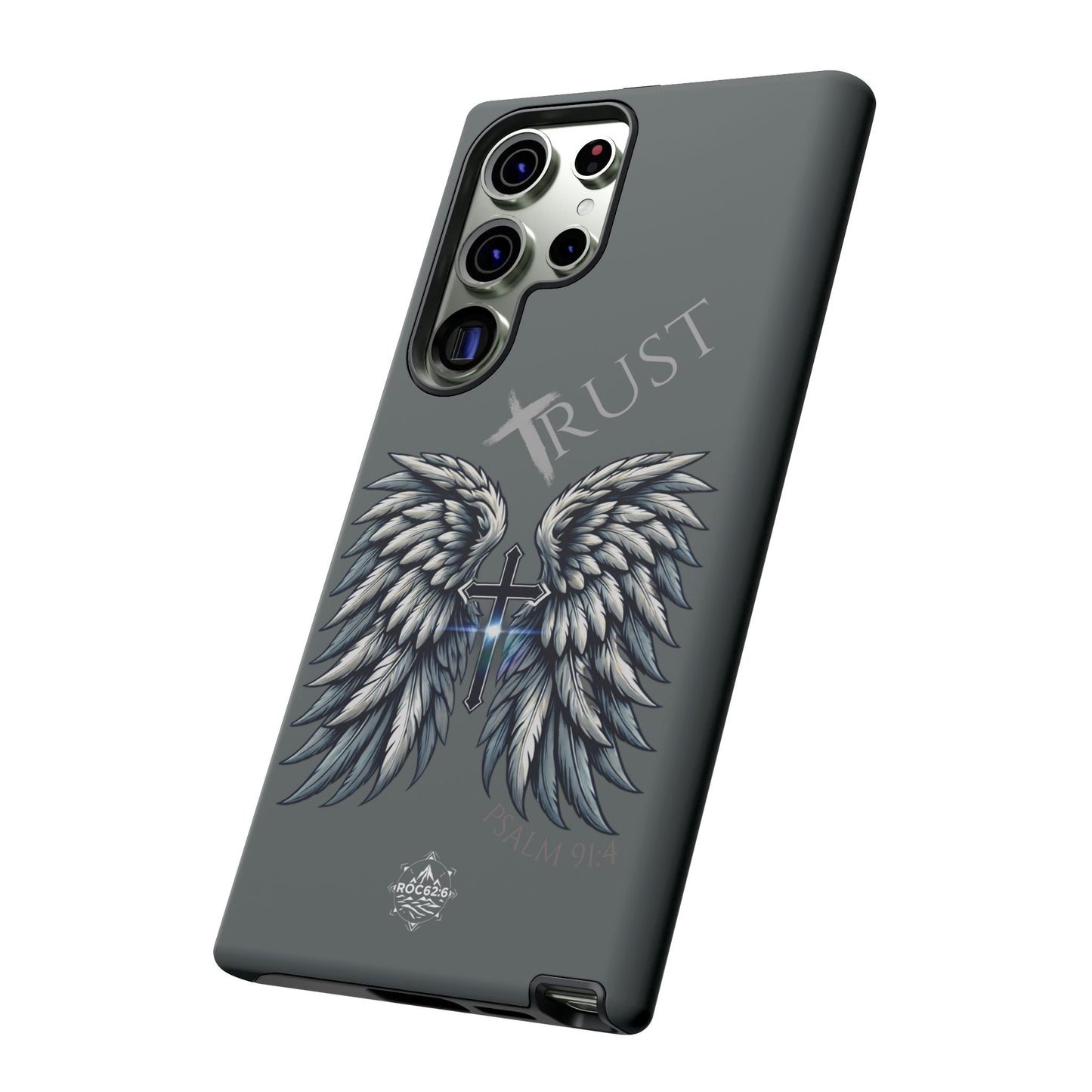 Wings Series Dark Grey Phone Case - Trust, Psalm 91:4 Design, Inspirational Gift, Christian Accessories, Spiritual Protection, Encouragement