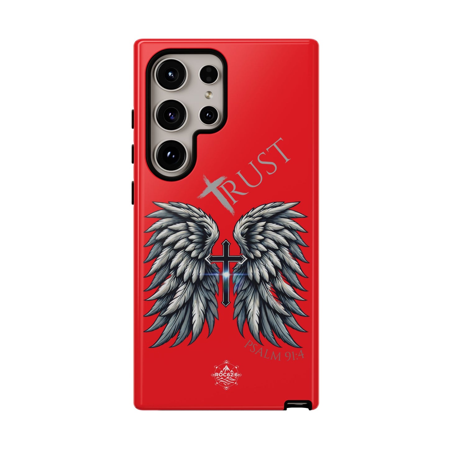 Wings Series Red Phone Case - Trust, Psalm 91:4 Design, Inspirational Gift, Christian Accessories, Spiritual Protection, Encouragement