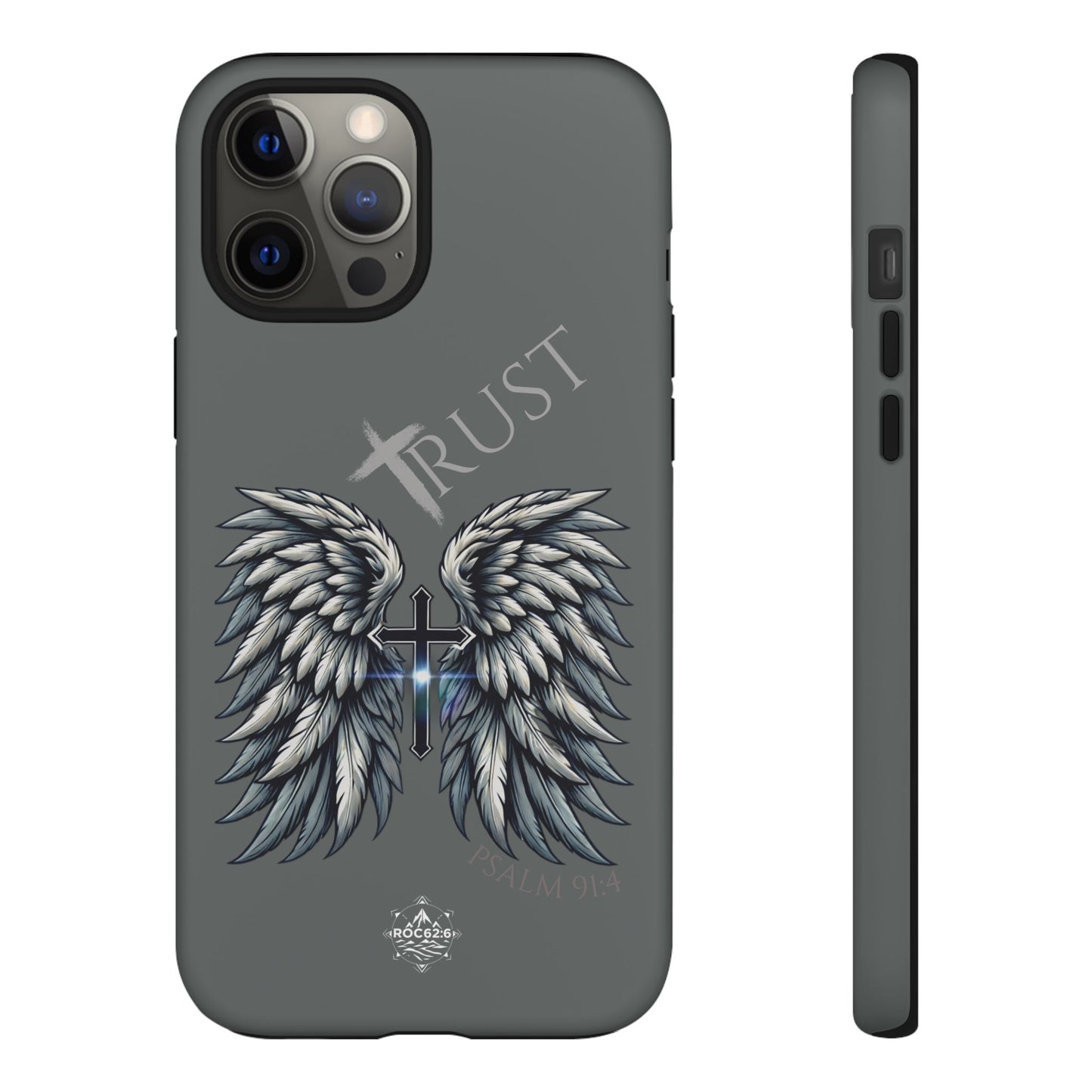 Wings Series Dark Grey Phone Case - Trust, Psalm 91:4 Design, Inspirational Gift, Christian Accessories, Spiritual Protection, Encouragement