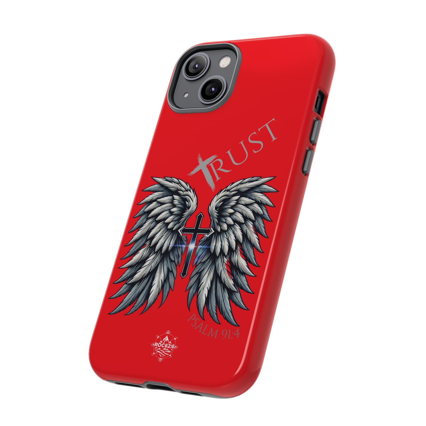 Wings Series Red Phone Case - Trust, Psalm 91:4 Design, Inspirational Gift, Christian Accessories, Spiritual Protection, Encouragement