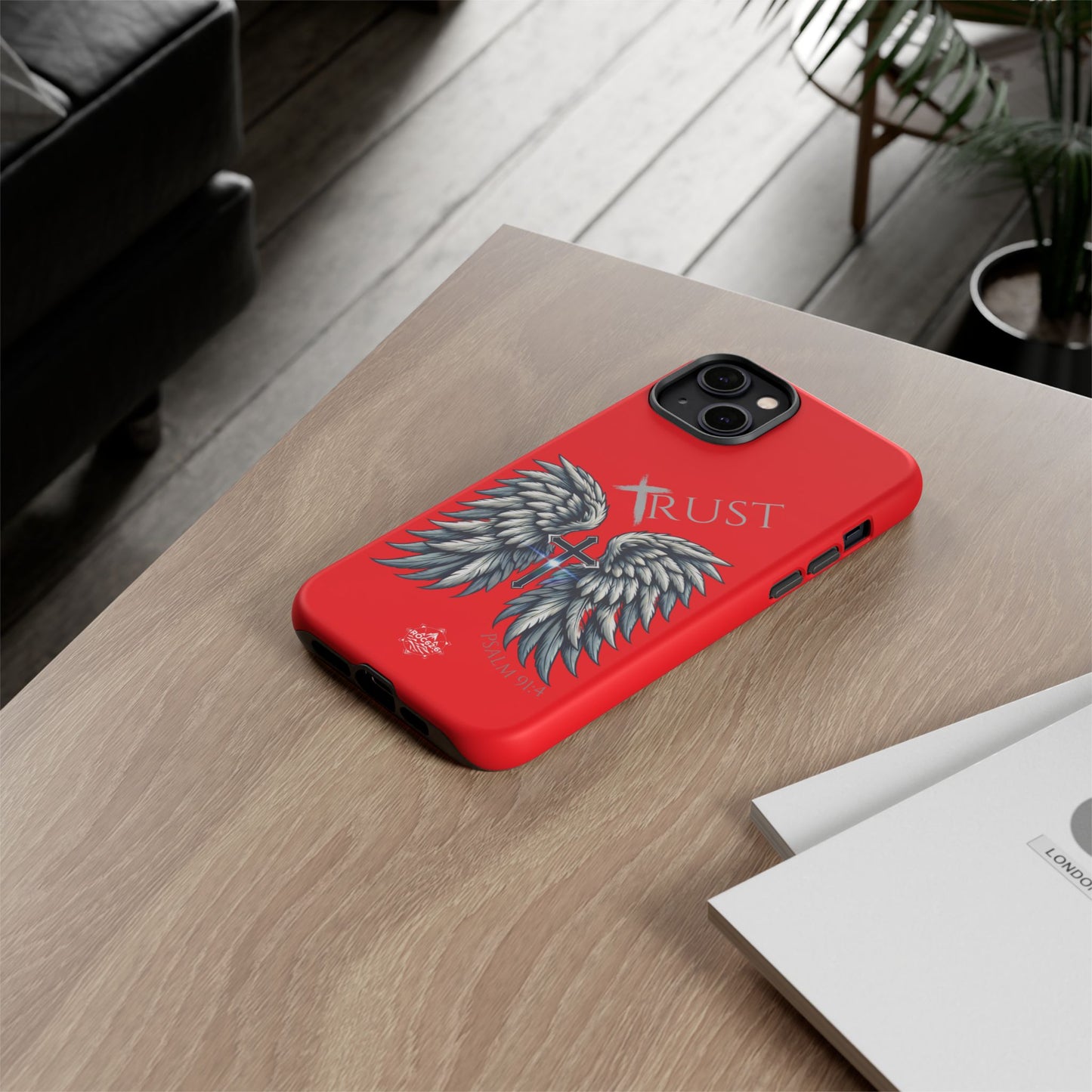 Wings Series Red Phone Case - Trust, Psalm 91:4 Design, Inspirational Gift, Christian Accessories, Spiritual Protection, Encouragement