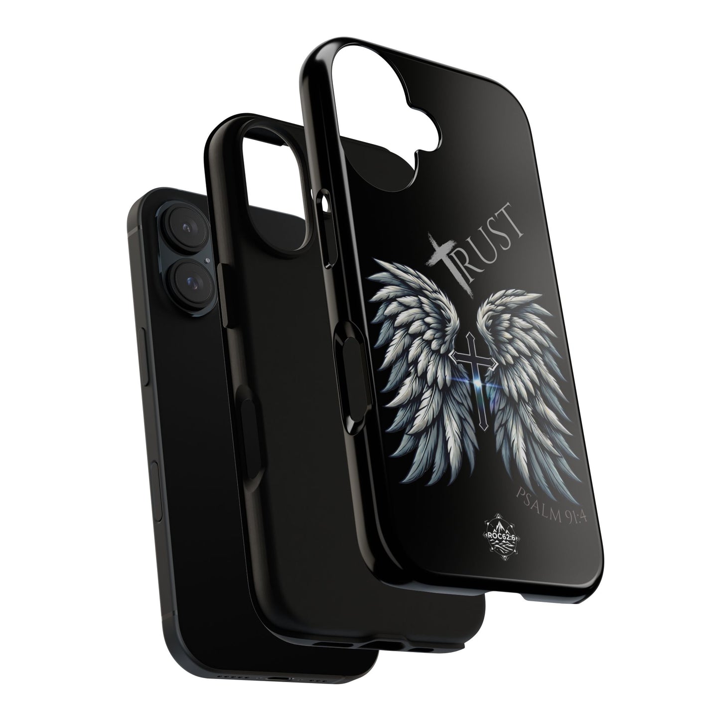 Wings Series Black Phone Case - Trust, Psalm 91:4 Design, Inspirational Gift, Christian Accessories, Spiritual Protection, Encouragement