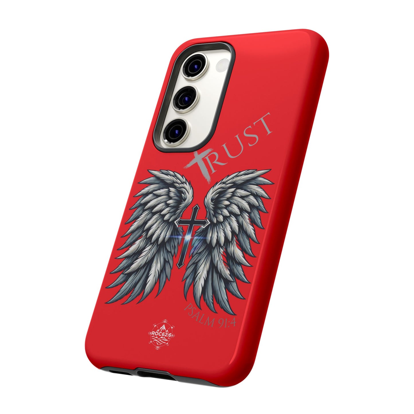 Wings Series Red Phone Case - Trust, Psalm 91:4 Design, Inspirational Gift, Christian Accessories, Spiritual Protection, Encouragement
