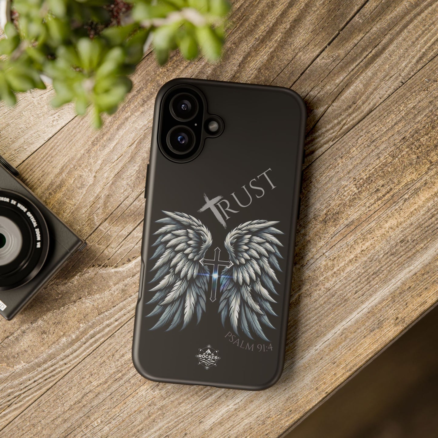 Wings Series Black Phone Case - Trust, Psalm 91:4 Design, Inspirational Gift, Christian Accessories, Spiritual Protection, Encouragement