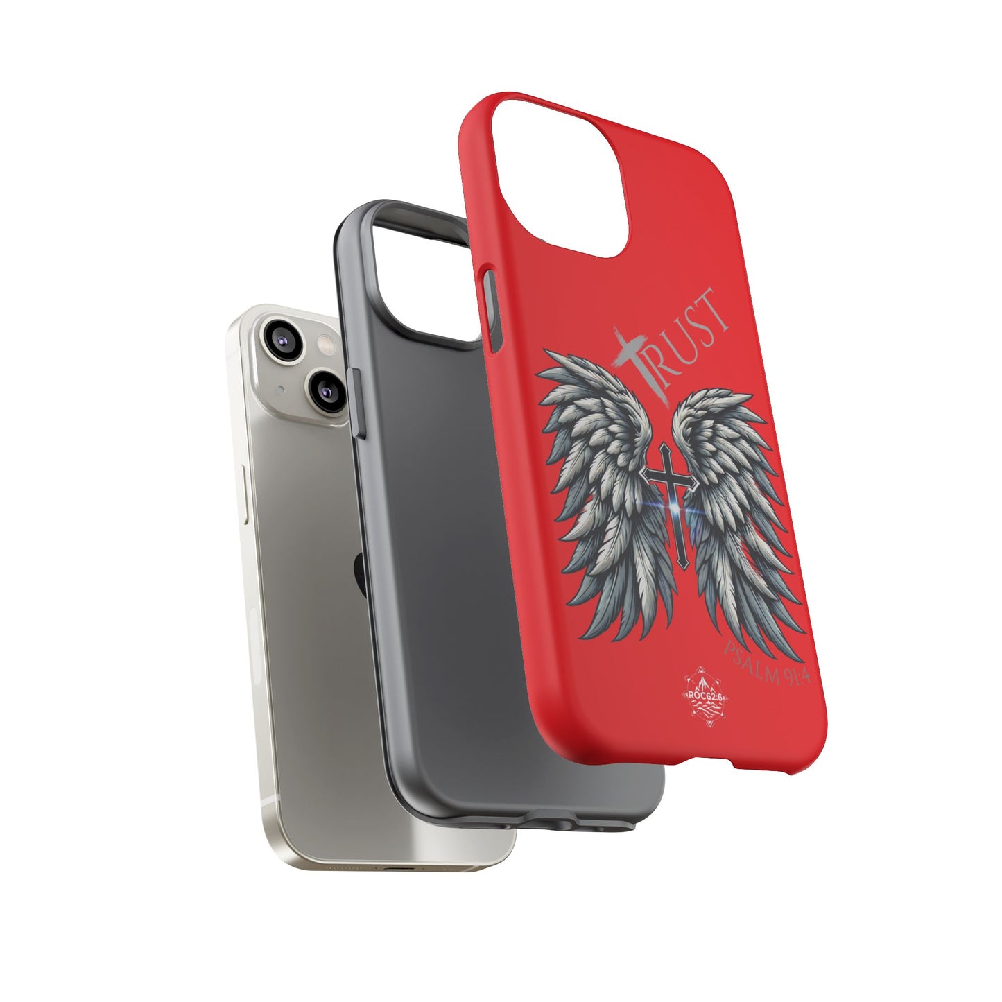 Wings Series Red Phone Case - Trust, Psalm 91:4 Design, Inspirational Gift, Christian Accessories, Spiritual Protection, Encouragement