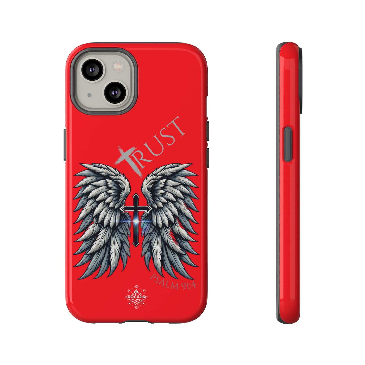 Wings Series Red Phone Case - Trust, Psalm 91:4 Design, Inspirational Gift, Christian Accessories, Spiritual Protection, Encouragement