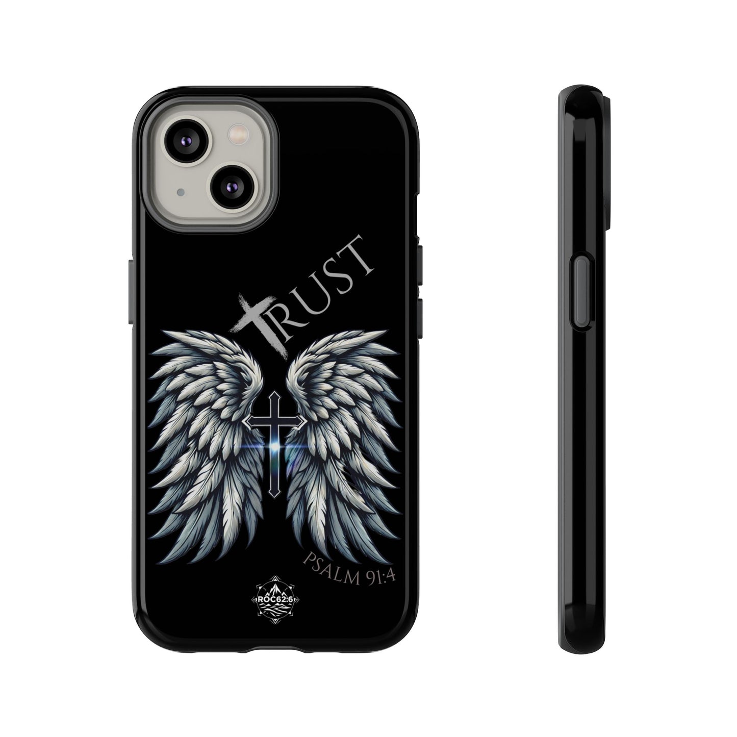 Wings Series Black Phone Case - Trust, Psalm 91:4 Design, Inspirational Gift, Christian Accessories, Spiritual Protection, Encouragement