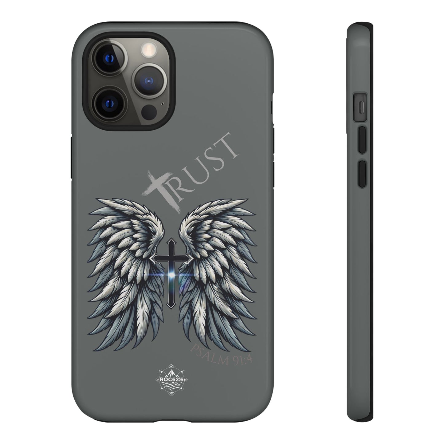 Wings Series Dark Grey Phone Case - Trust, Psalm 91:4 Design, Inspirational Gift, Christian Accessories, Spiritual Protection, Encouragement