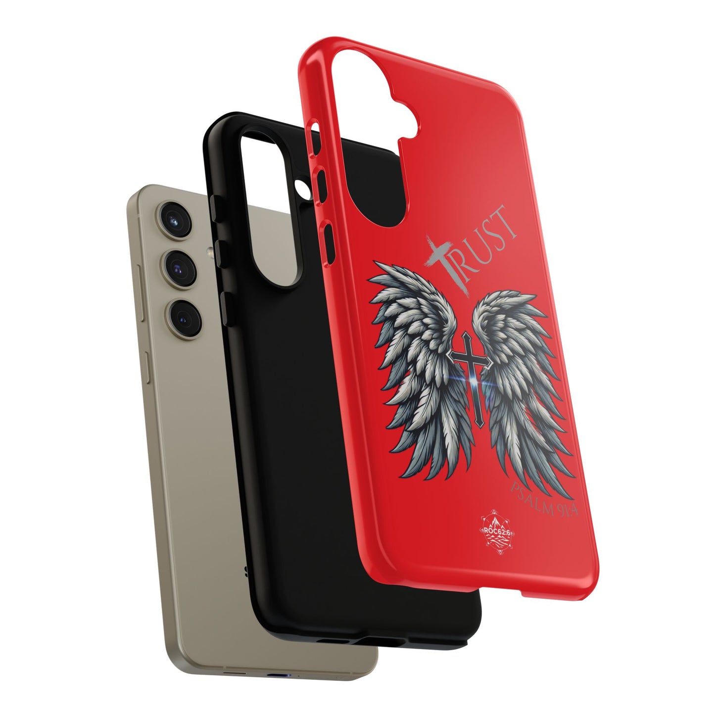 Wings Series Red Phone Case - Trust, Psalm 91:4 Design, Inspirational Gift, Christian Accessories, Spiritual Protection, Encouragement