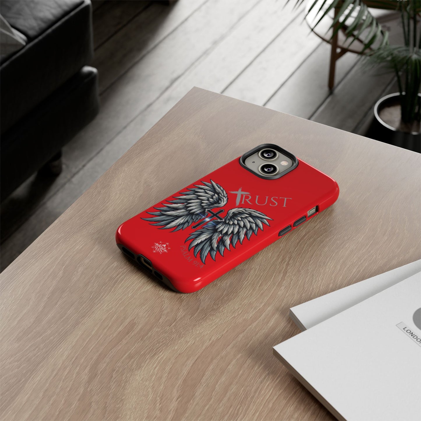Wings Series Red Phone Case - Trust, Psalm 91:4 Design, Inspirational Gift, Christian Accessories, Spiritual Protection, Encouragement