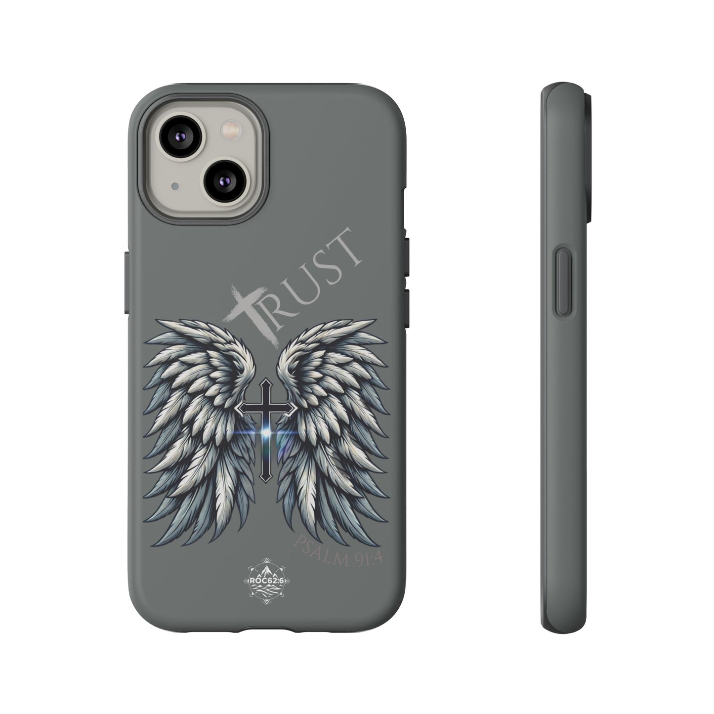 Wings Series Dark Grey Phone Case - Trust, Psalm 91:4 Design, Inspirational Gift, Christian Accessories, Spiritual Protection, Encouragement