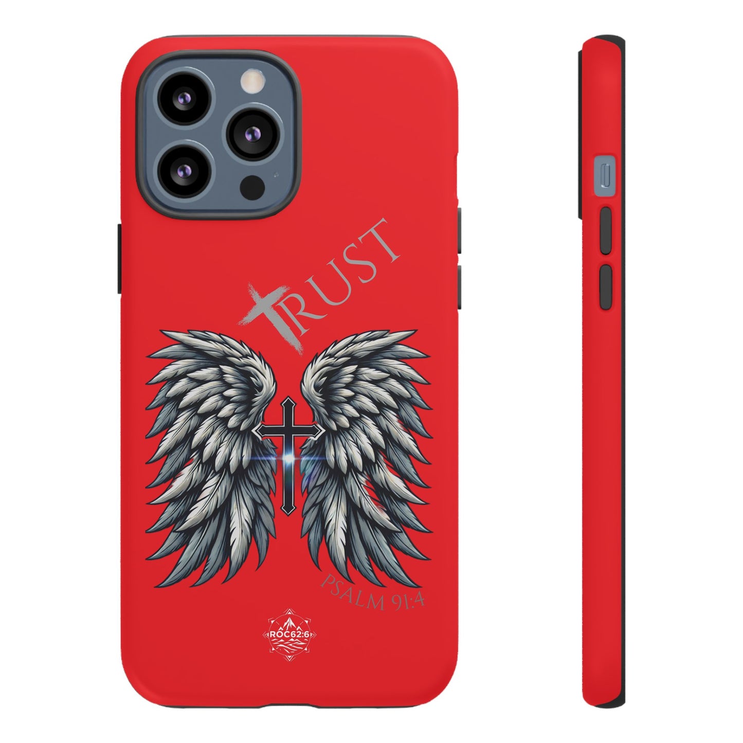 Wings Series Red Phone Case - Trust, Psalm 91:4 Design, Inspirational Gift, Christian Accessories, Spiritual Protection, Encouragement