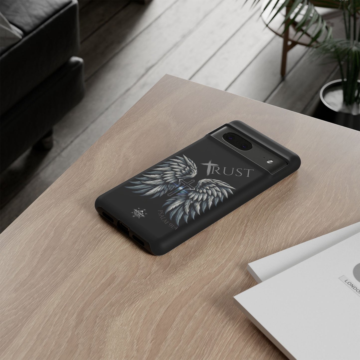 Wings Series Black Phone Case - Trust, Psalm 91:4 Design, Inspirational Gift, Christian Accessories, Spiritual Protection, Encouragement