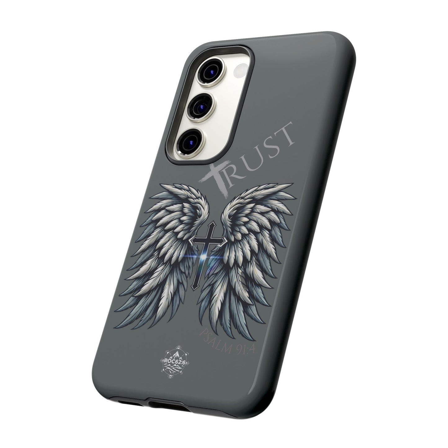 Wings Series Dark Grey Phone Case - Trust, Psalm 91:4 Design, Inspirational Gift, Christian Accessories, Spiritual Protection, Encouragement