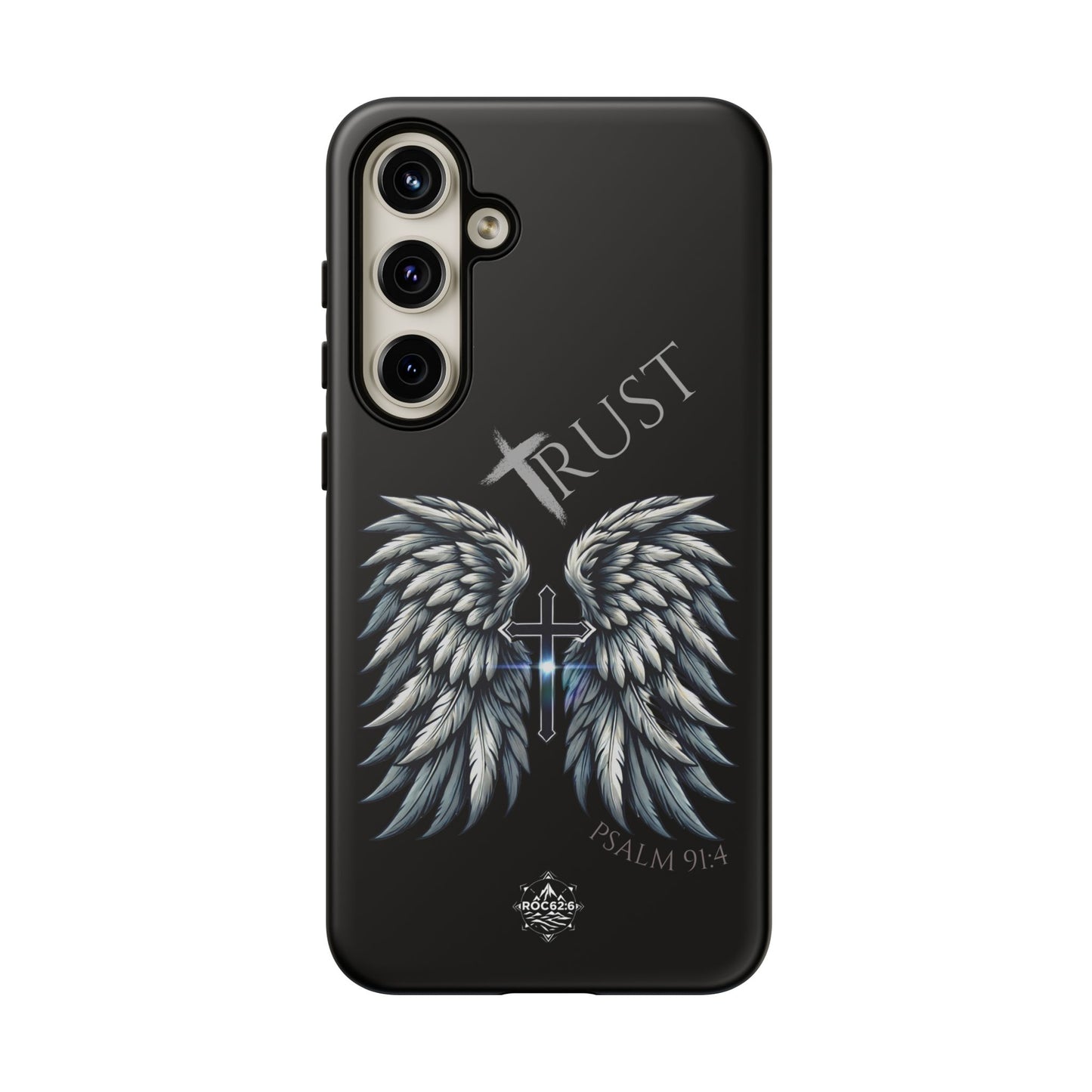 Wings Series Black Phone Case - Trust, Psalm 91:4 Design, Inspirational Gift, Christian Accessories, Spiritual Protection, Encouragement