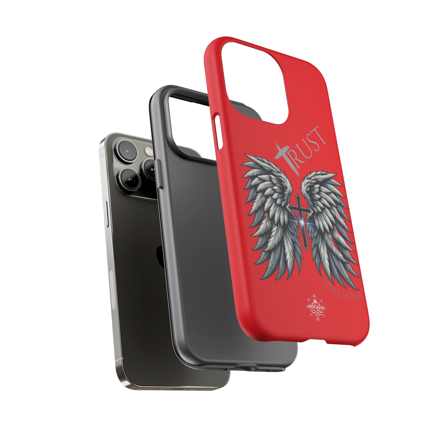 Wings Series Red Phone Case - Trust, Psalm 91:4 Design, Inspirational Gift, Christian Accessories, Spiritual Protection, Encouragement