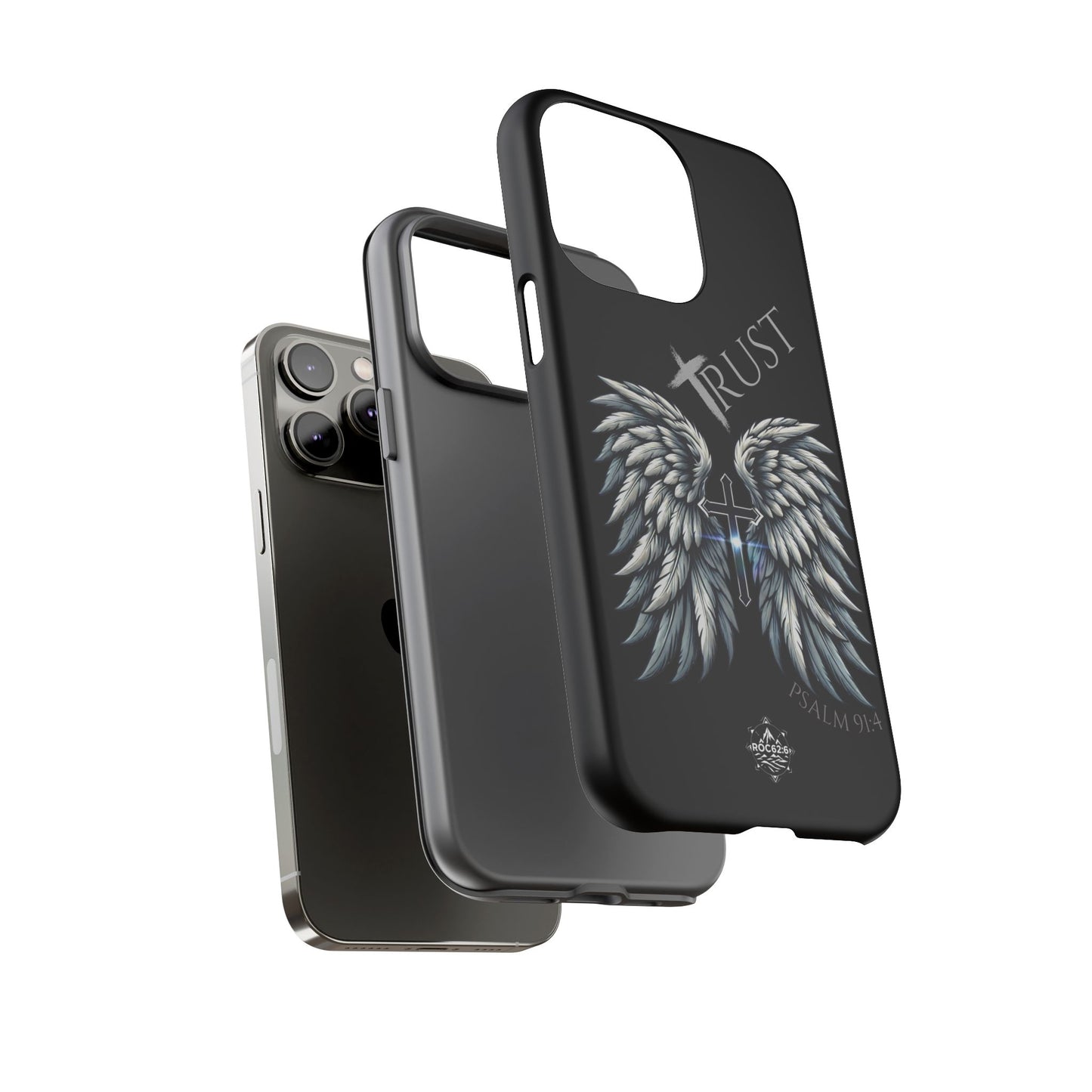 Wings Series Black Phone Case - Trust, Psalm 91:4 Design, Inspirational Gift, Christian Accessories, Spiritual Protection, Encouragement