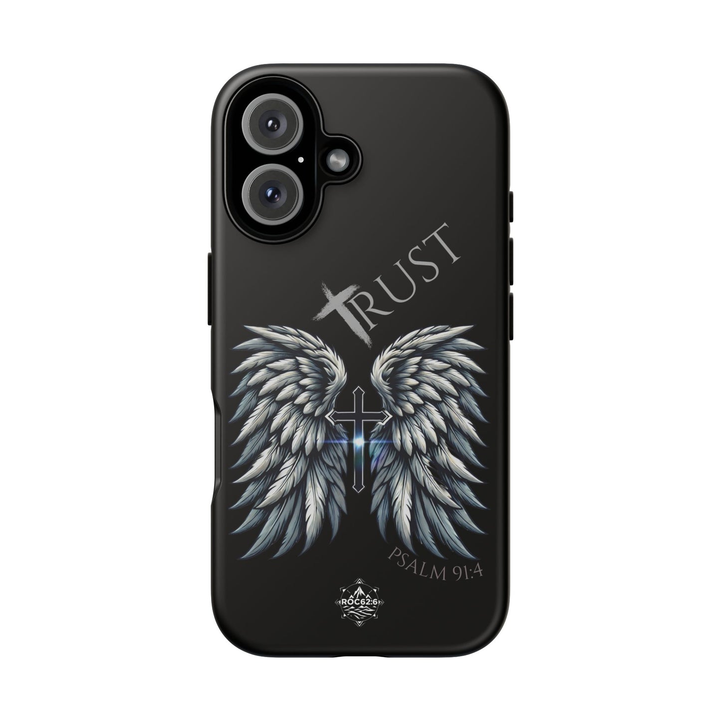 Wings Series Black Phone Case - Trust, Psalm 91:4 Design, Inspirational Gift, Christian Accessories, Spiritual Protection, Encouragement