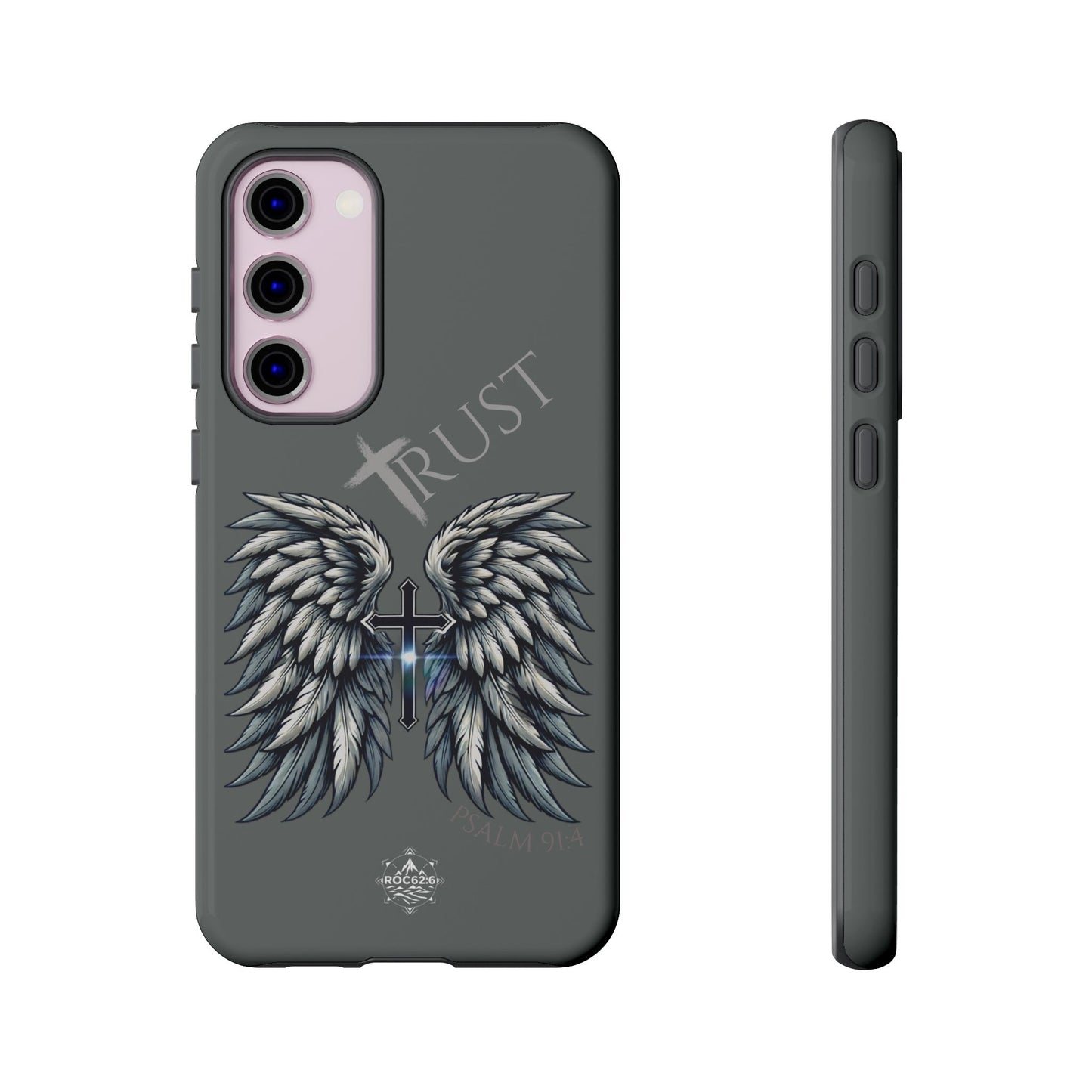 Wings Series Dark Grey Phone Case - Trust, Psalm 91:4 Design, Inspirational Gift, Christian Accessories, Spiritual Protection, Encouragement
